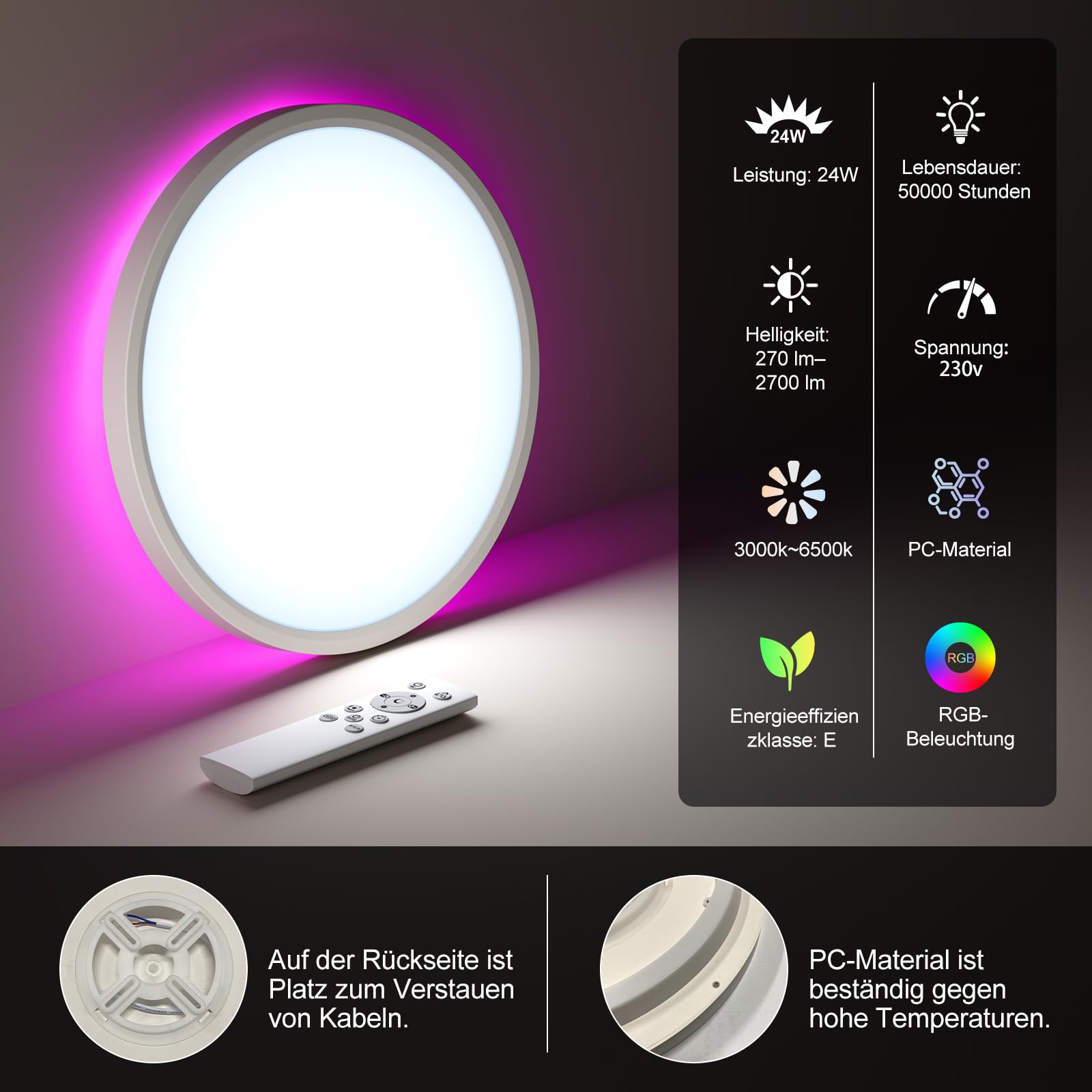 2 Deckenlampe LED Dimmbar, RGB Lampe Decke mit Fernbedienung Bunt Backlight