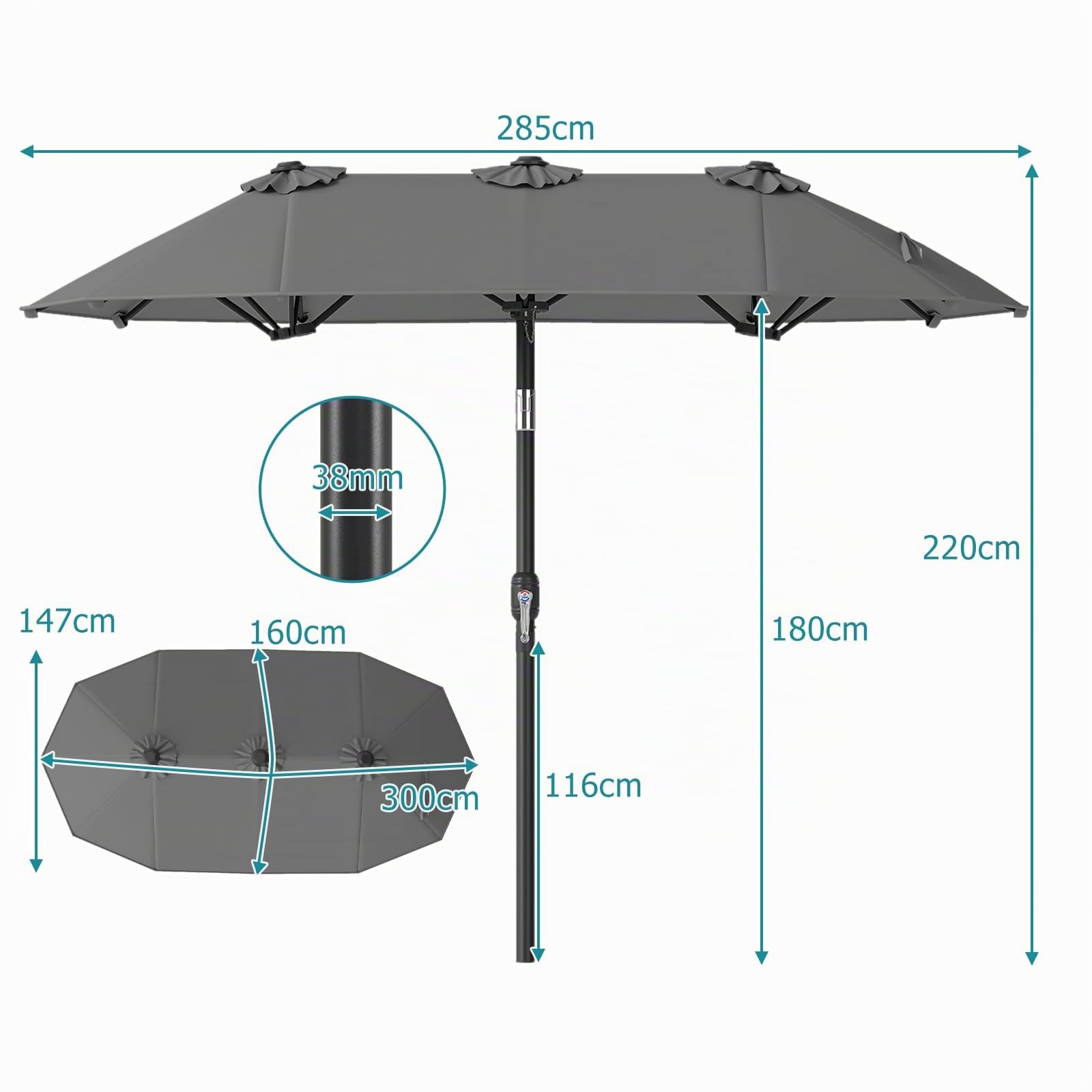 RELAX4LIFE Parasol Double Inclinable, 3X1,6M Parasol de Jardin Exterieur, 12 Baleines Robustes, 3 Évents, Protection Solaire pour Balcon Terrasse Piscine, Convient Mieux aux Espace Allongé (Gris)