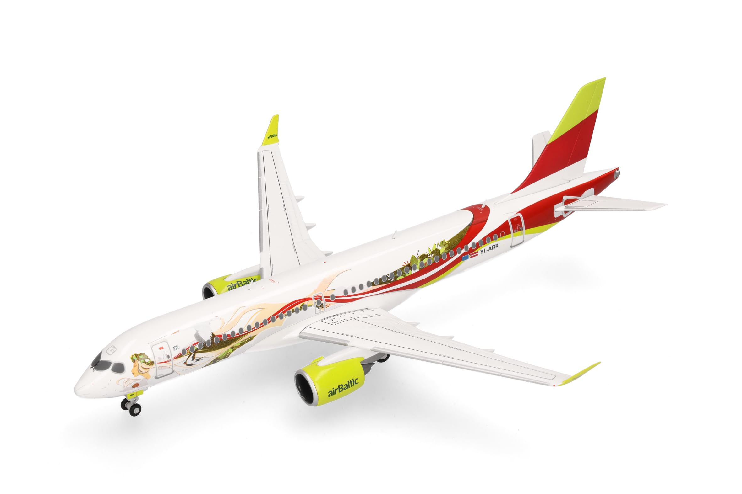 Herpa Modellflugzeug airBaltic Airbus A220-300 50th A220 - YL-ABX, Miniatur im Maßstab 1:200, Sammlerstück, Flugzeug Modell ohne Standfuß, Metall