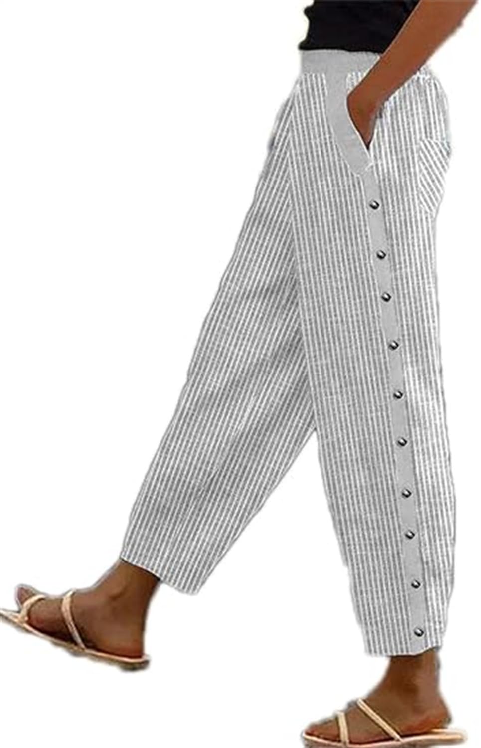 Eeiiey Olzeep Classy Striped Side Pocket Pants,Olzeep Womens Pants,Casual Stripe Print Side Button Up Trendy Pants,Women's Casual Pants & Capris Women Cargo Pants with Pockets