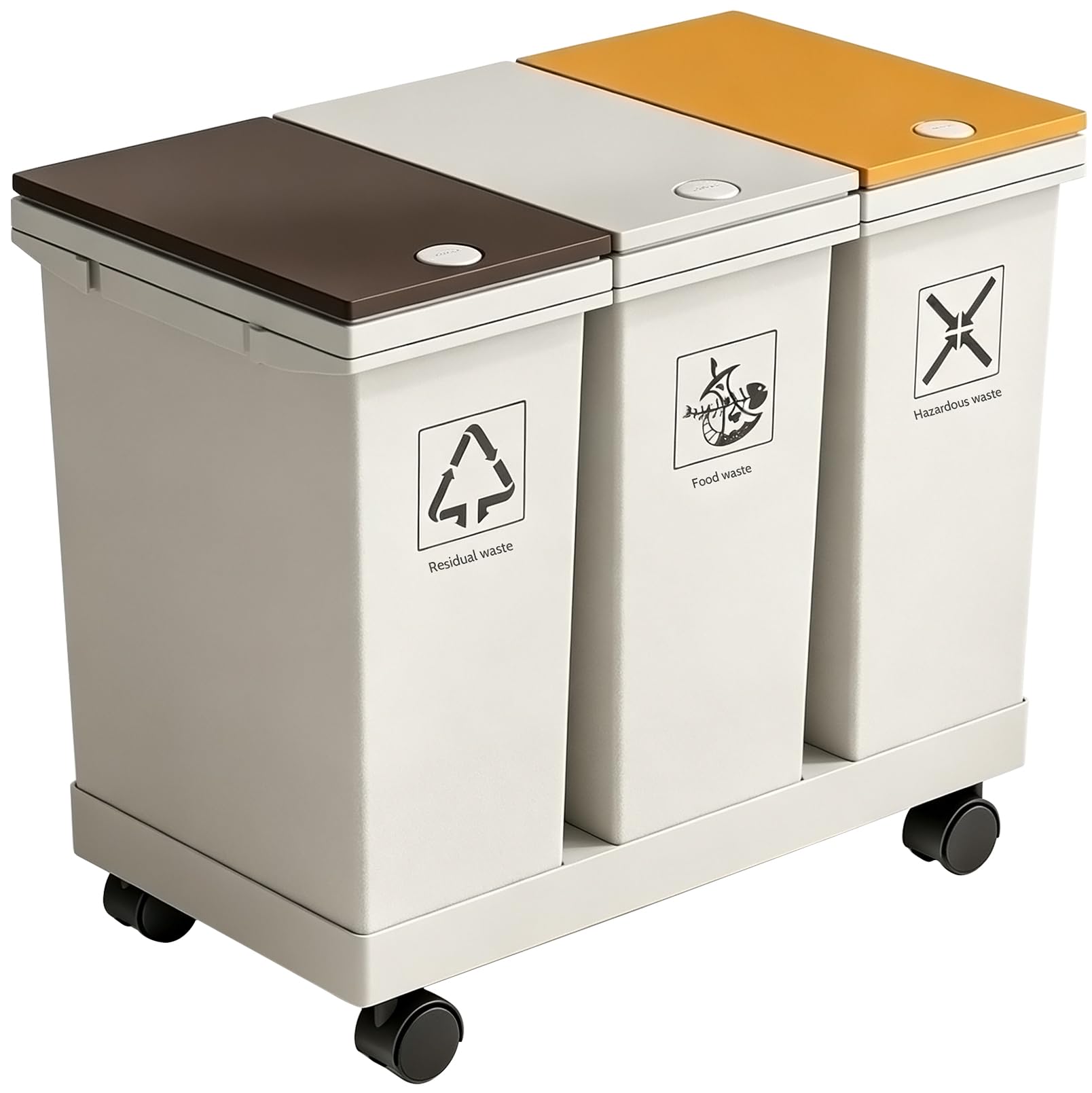 Lot de 3 poubelles, 3 x 12 l, système de tri des déchets de cuisine avec pied | Poubelle différenciée amovible, poubelle de recyclage avec couvercle et roulettes, pour cuisine, maison, bureau, poubelle