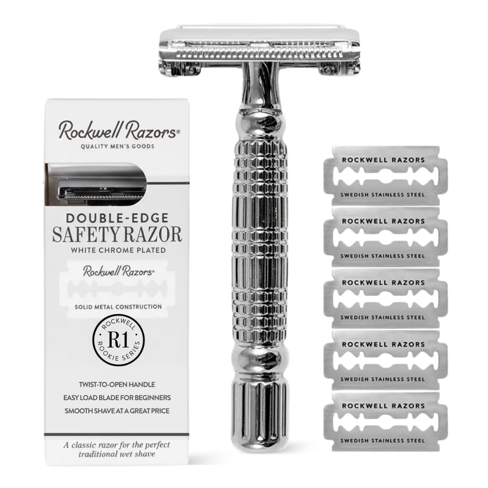 R1 Double Edge Safety Razor In White Chrome, Butterfly Open + 5 Swedish Stainless Steel Razor Blades