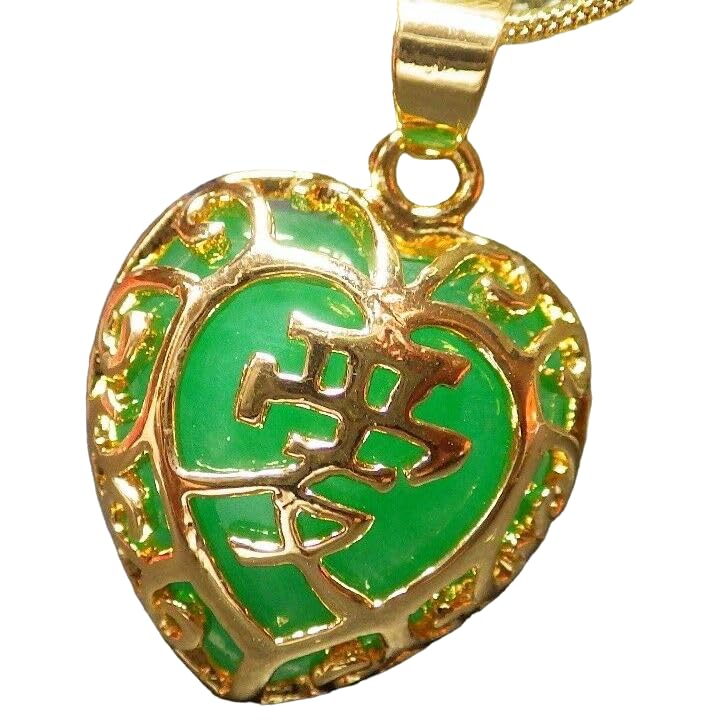 Yellow Gold Plate CHINESE Green JADE Pendant Love Heart Diamond Imitation 100771, Yellow,Green