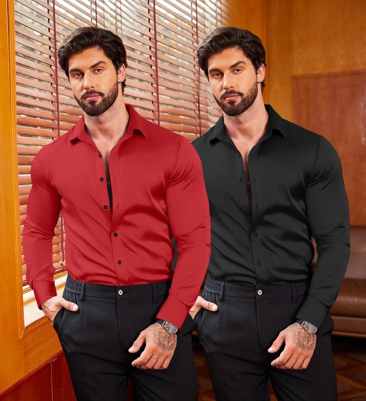 Image of Combo of Men's Premium Satin Cotton Shirt with Full Sleeves & Spread Collar | Smooth Finish | Slim Fit | Stylish Button Down Shirt for Evening, Casual Pack of 2