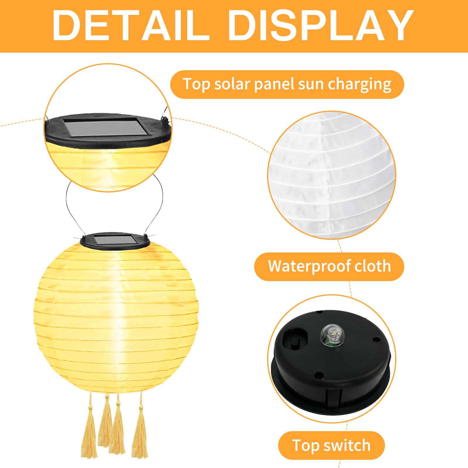 Lot de 4 lampions solaires d'extérieur résistants aux intempéries - Lampes solaires d'extérieur à suspendre - Avec 4 pompons - Pour terrasse, cour, jardin