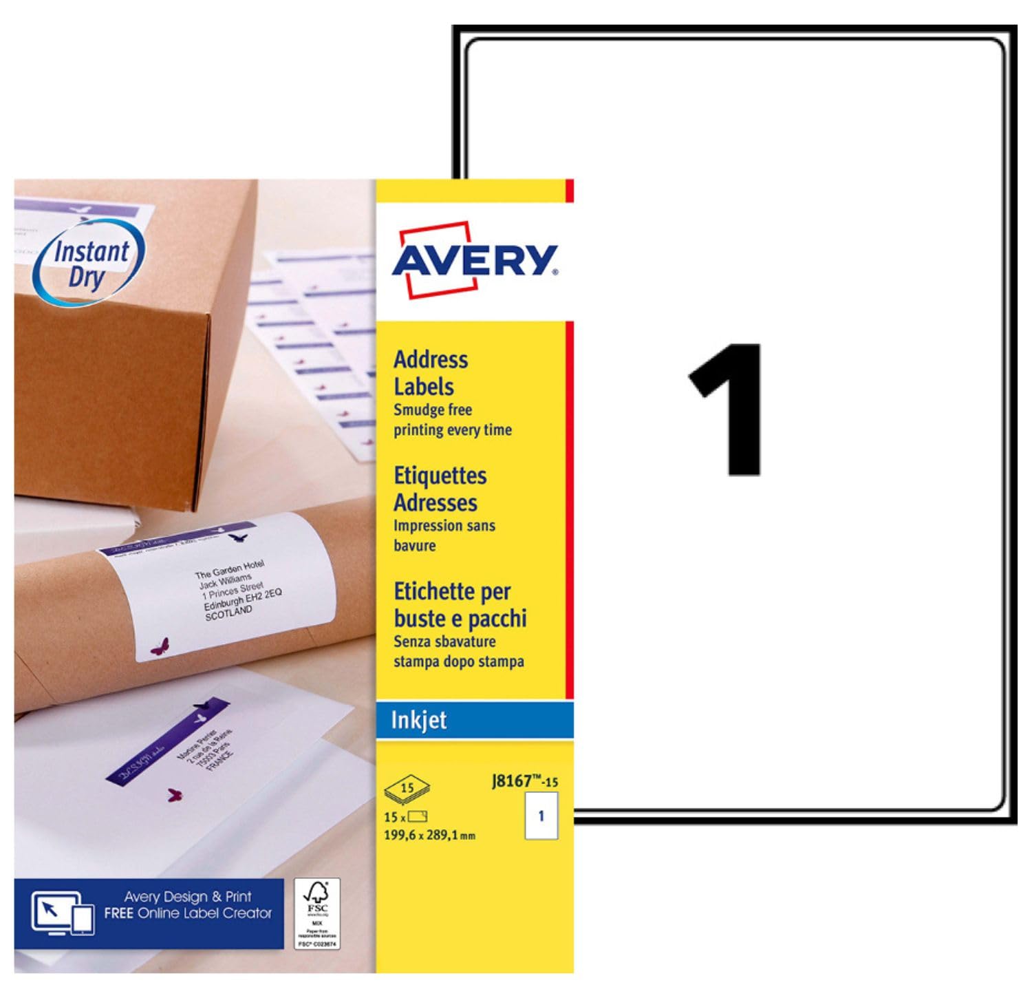 Avery Étiquettes Autocollantes Blanches 15 Pièces 199,​6 x 289,​1 mm J8167-​15 - Feuille A4, Imprimante Jet d'Encre, Format Compact, Papier FSC, Compatible Mon Timbre en Ligne