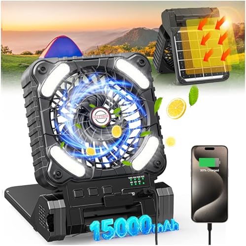 Miniatura 8 de Ventilador de campamento con linterna LED, ventilador de batería recargable de 25000 mAh con panel solar de 8 W, ventilador silencioso de tienda de