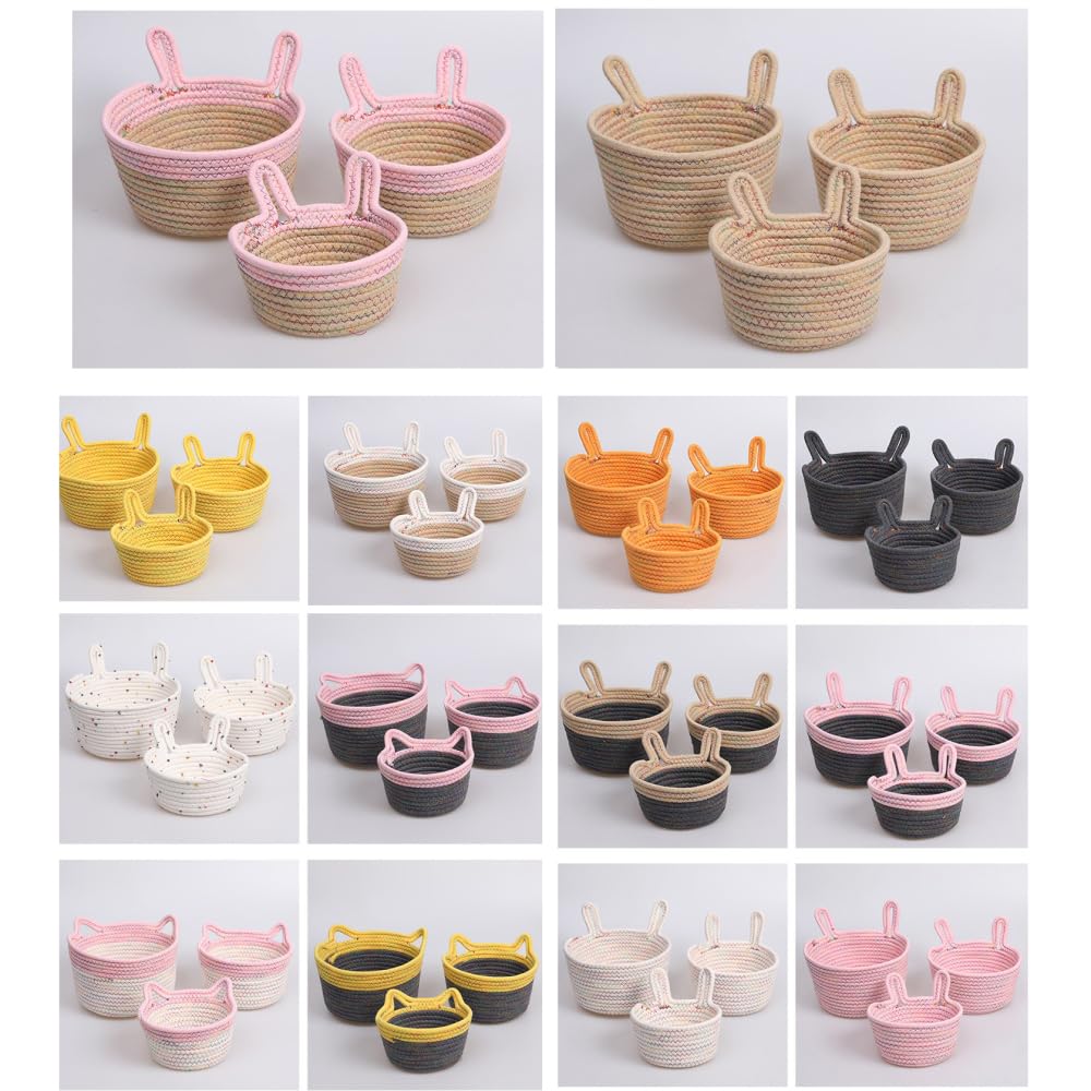 Cesta de almacenamiento multiusos apilable de cuerda de algodón trenzada, organizador con orejas, cesta trenzada para regalos, para baño, habitación infantil, salón, rosa marrón, S+M+L