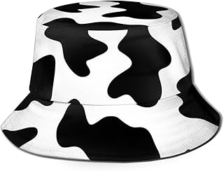 Cows Print Unisex Bucket Hat Reversible Fisherman Hat Plant Printed Solid Color Outdoor Sun Hat Packable Black