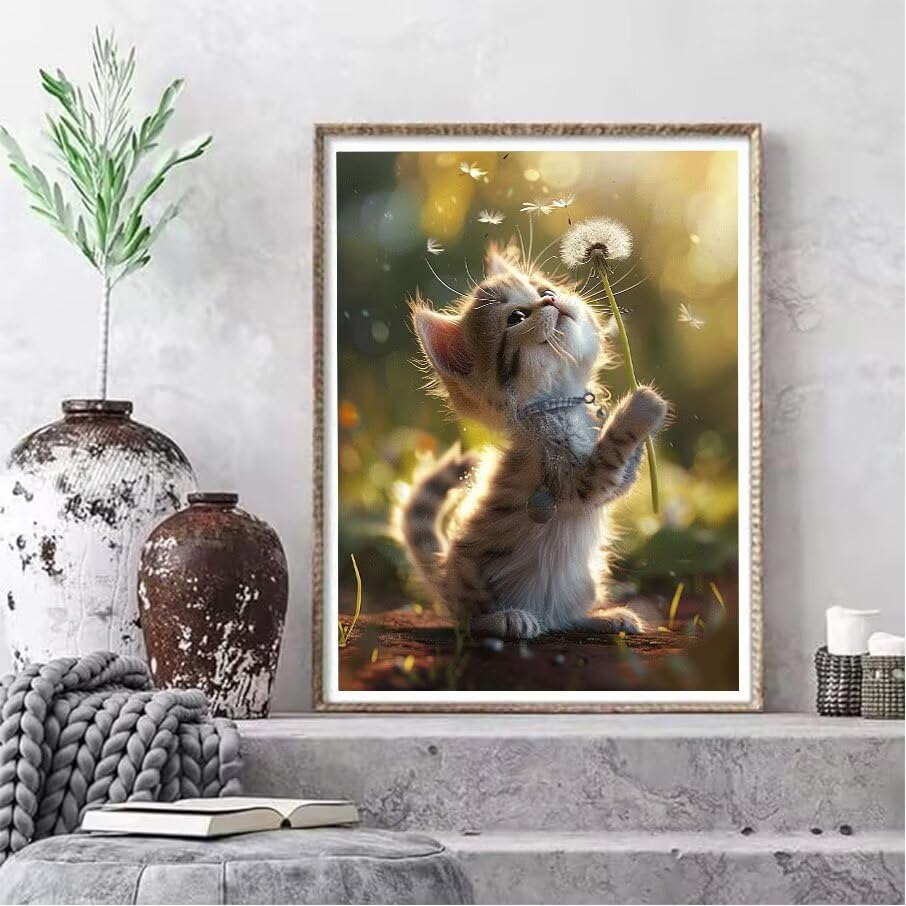 Broderie Diamant Kit Complet Chat et Pissenlit 5D Grand Format Cristal Strass