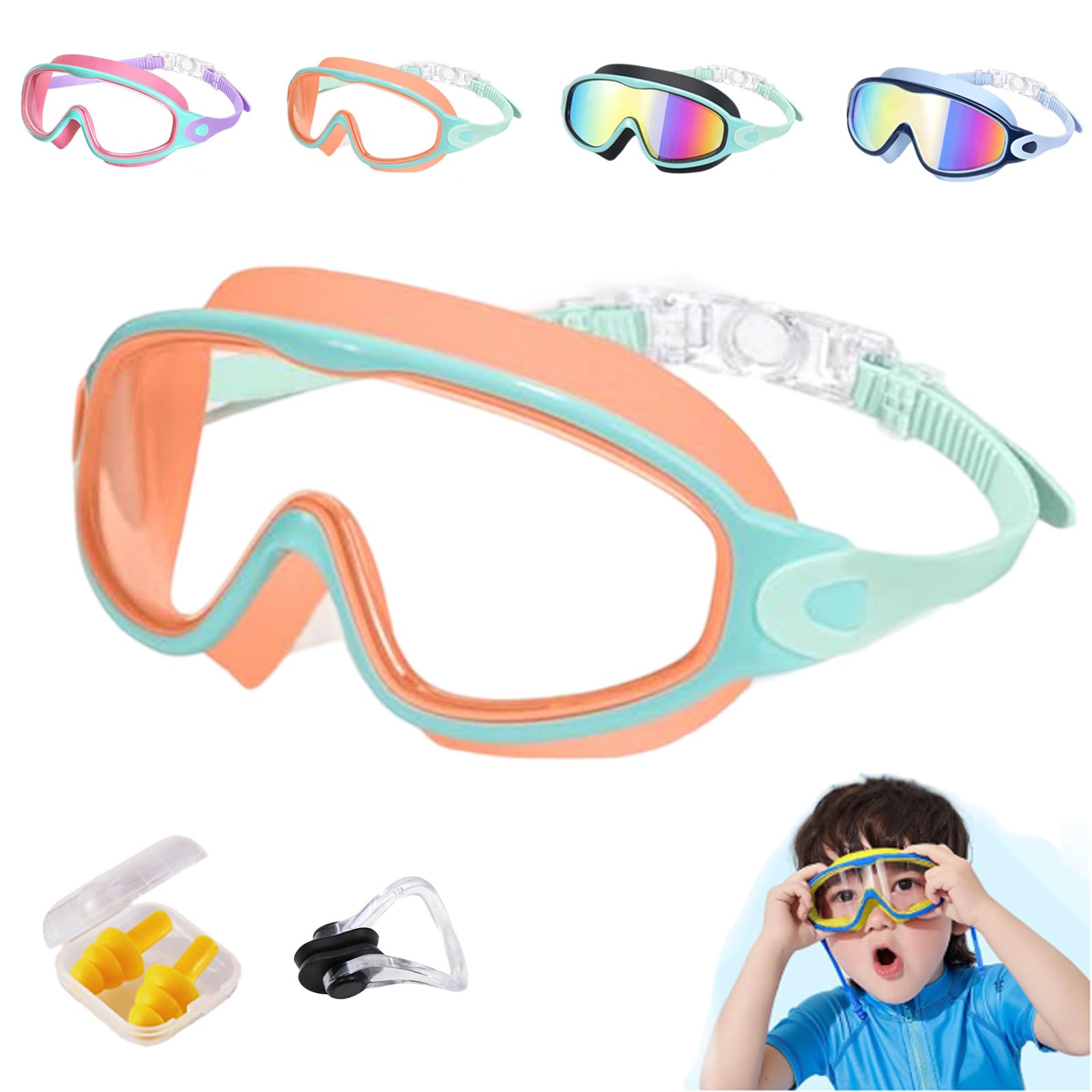 HItianya My Cool Summer Goggles, No Leaking Swim Glasses for Men Women Youth, Waterproof Anti-Fog Kids Swimming Clip on Goggle with Ears Plugs Attached for Junior Boys Girls (Orange Green)