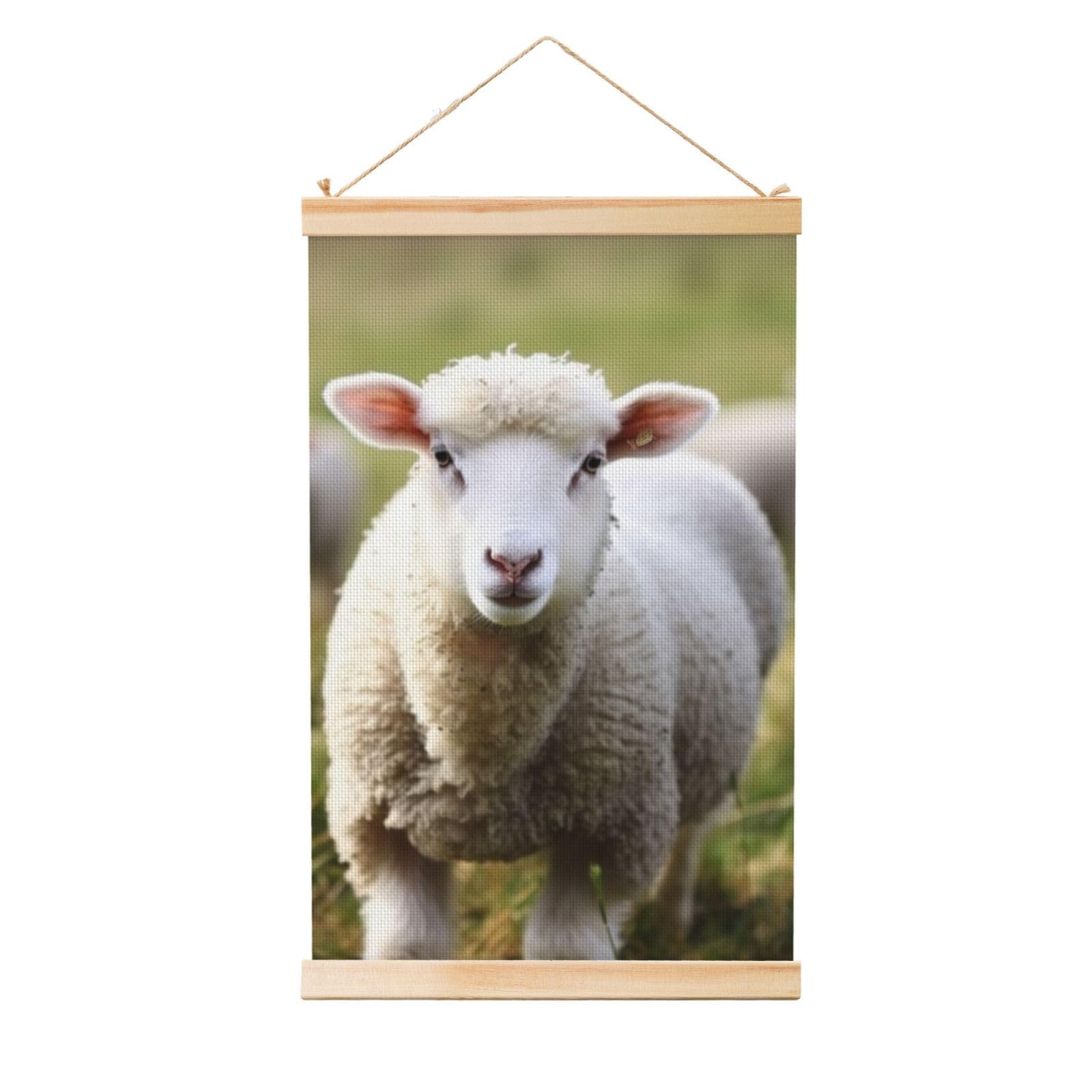 Cute Sheep Lamb Poster Wooden Shaft Hanging Poster Wall Hanging Banner Canvas Artwork with Wood Frames 16"x24" Modern Artwork Decor Ready to Hang Wall Art for Home Decor Scroll Painting