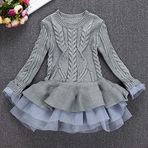 Toddler Girls Solid Color Sweater Dress Child Long Sleeve Cable Knitted Dress Layered Fall Winter Warm Dress (Grey, 4-5 Years)3