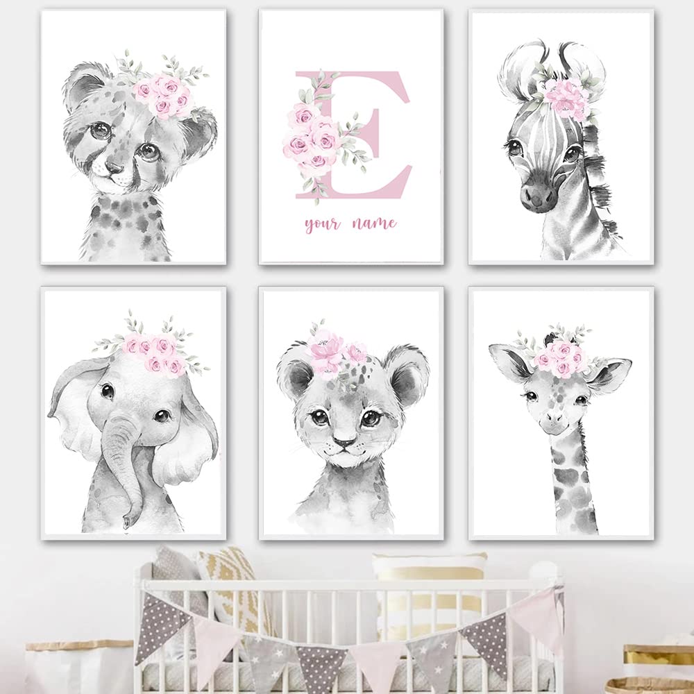 6 Personalised Baby Name Sweet Canvas Safari Animal Nursery Prints for Girls Bedroom Baby Gifts Girl Newborn Poster Elephant Lion Pink Flowers Kids Playroom Wall Decor A4 21 x 30 cm without Frame