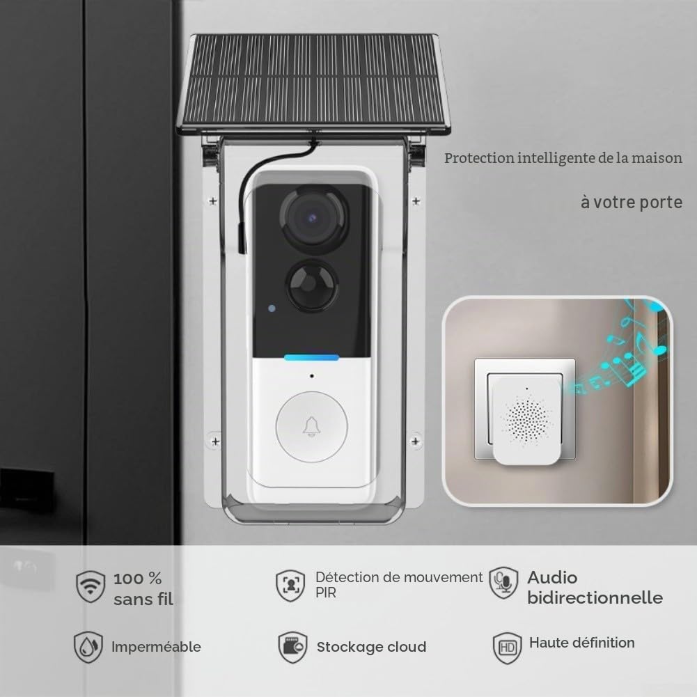 Caméra de sonnette sans fil solaire avec couvercle étanche, interphone vidéo 1080p, vision nocturne, détection de mouvement PIR pour appareils intelligents Tuya (blanc)