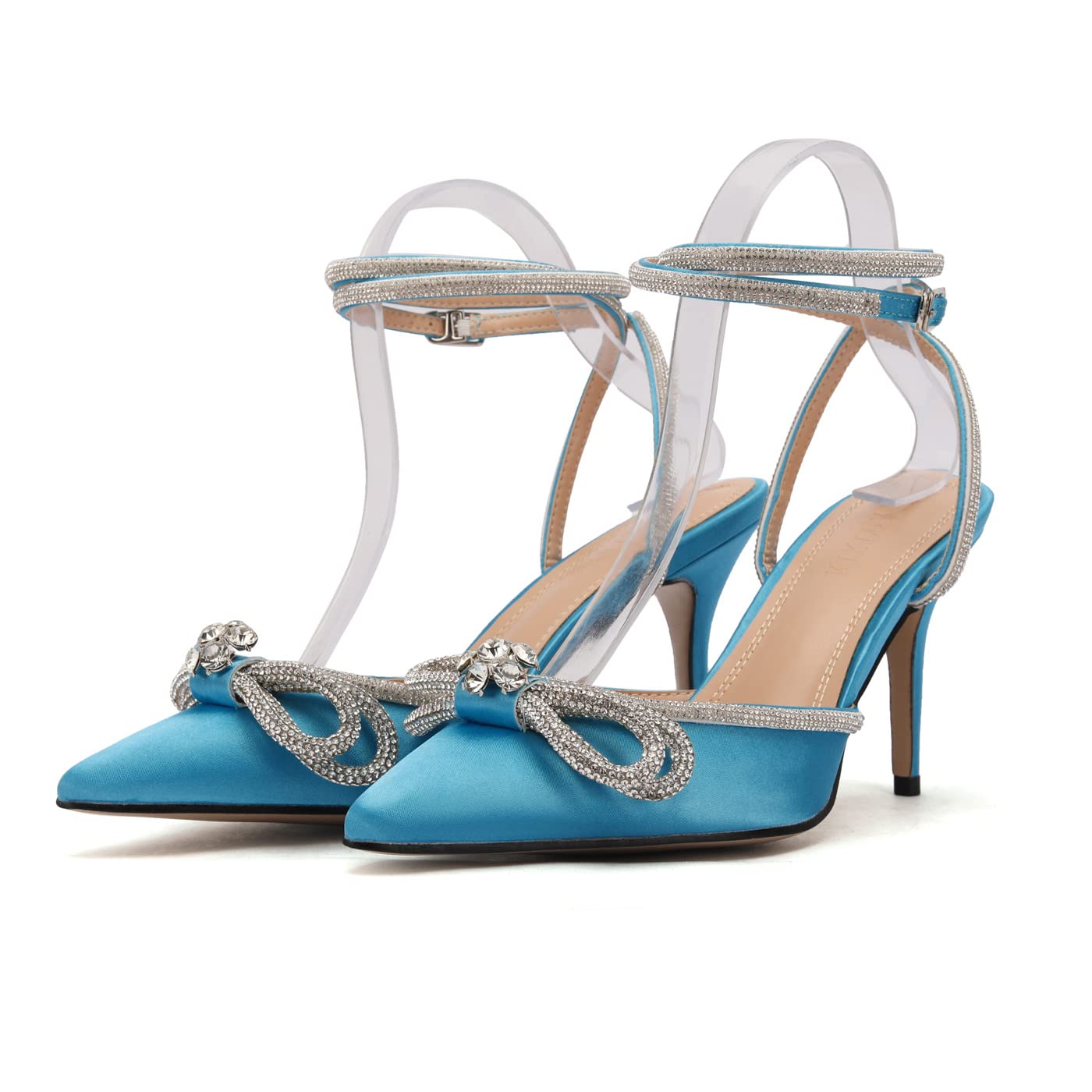 Arqa Rhinestone Bow Heels for Women Pointed Toe Crystal Ankle Strap Slingback Pumps Satin Stiletto High Heel Sandals Wedding Bridal Shoes