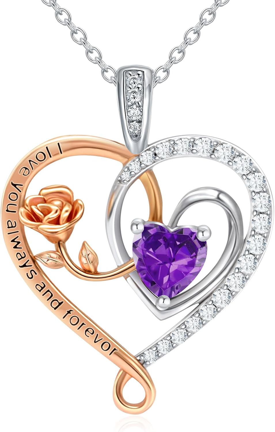 E Infinity Double Heart Birthstone Necklace 925 Sterling Silver Rose Flower Pendant Necklace, Birthday Anniversary Jewelry Gifts for Her Wife Mom Girlfriend Wife