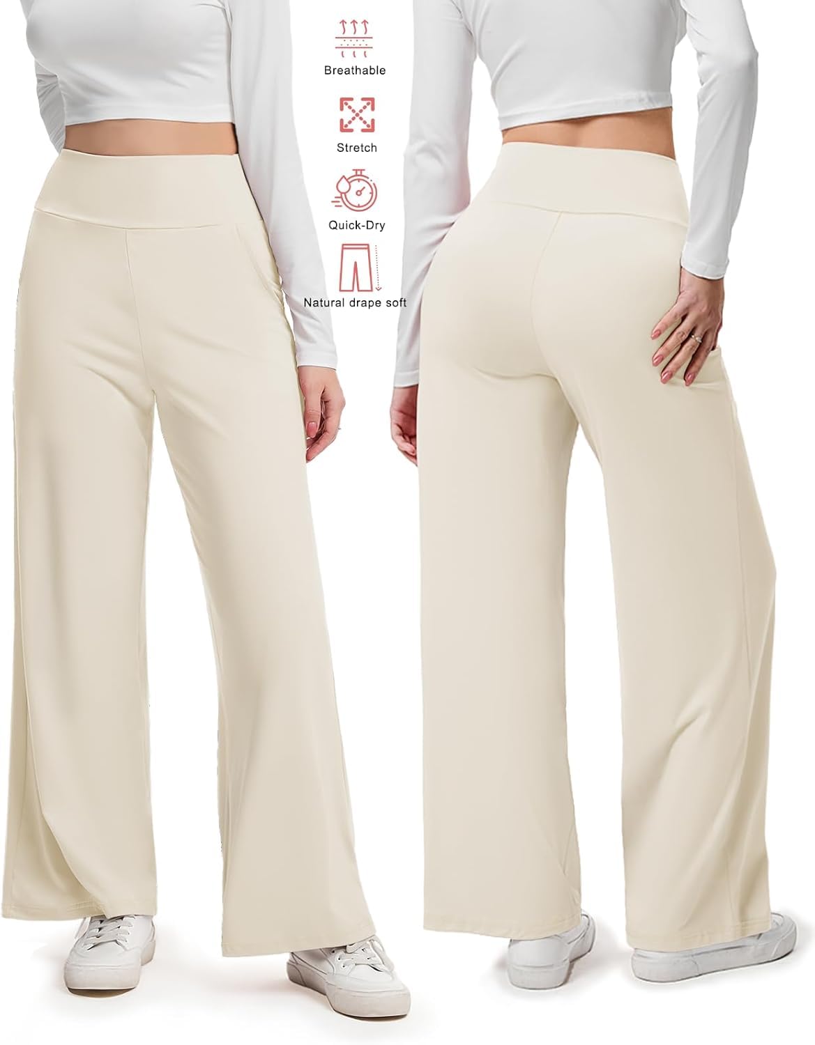 Pantalons de Yoga Taille Haute Pantalon Stretch Taille Haute à Jambes Larges avec Poches(XL)