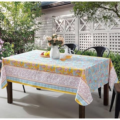 Home Bargains Plus Spring Belle Paisley Rectangle Vinyl Tablecloth with Flannel Backing, 60 x 120 Inch, Blue Country French Floral Vinyl Table Cover, Heavy Weight for Dining Party and Barbecues Cover