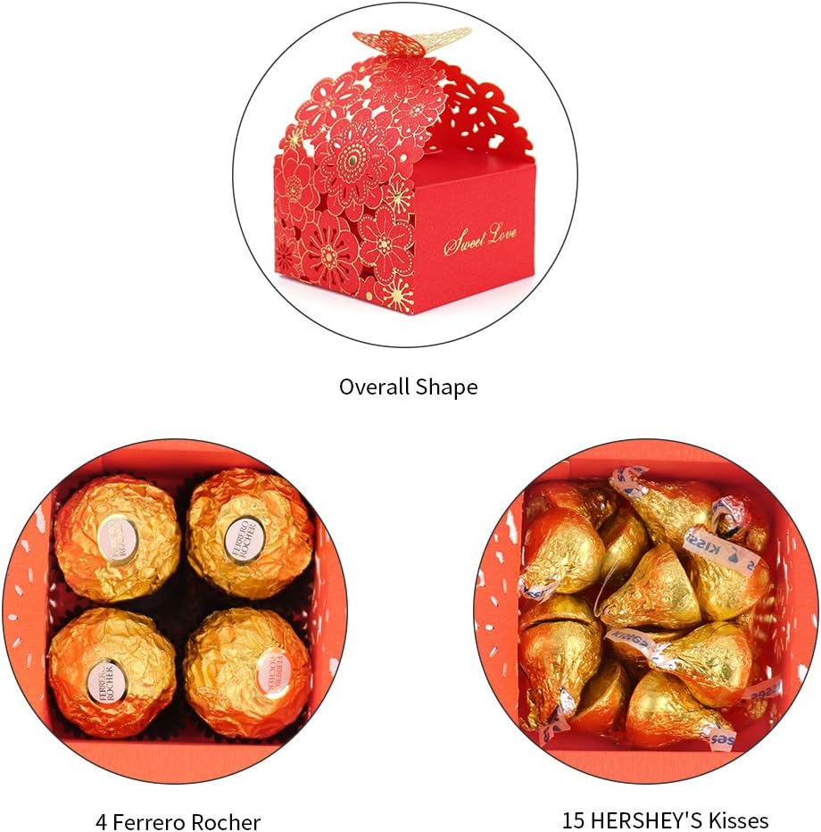 Kslong 50Pcs/Set Flower Butterfly Hollow Candy Box Cookie Gift Boxes Romantic Wedding Favors Cute Chocolate Box for Wedding Bridal Birthday Party Supplies (Red, S) - Image 2