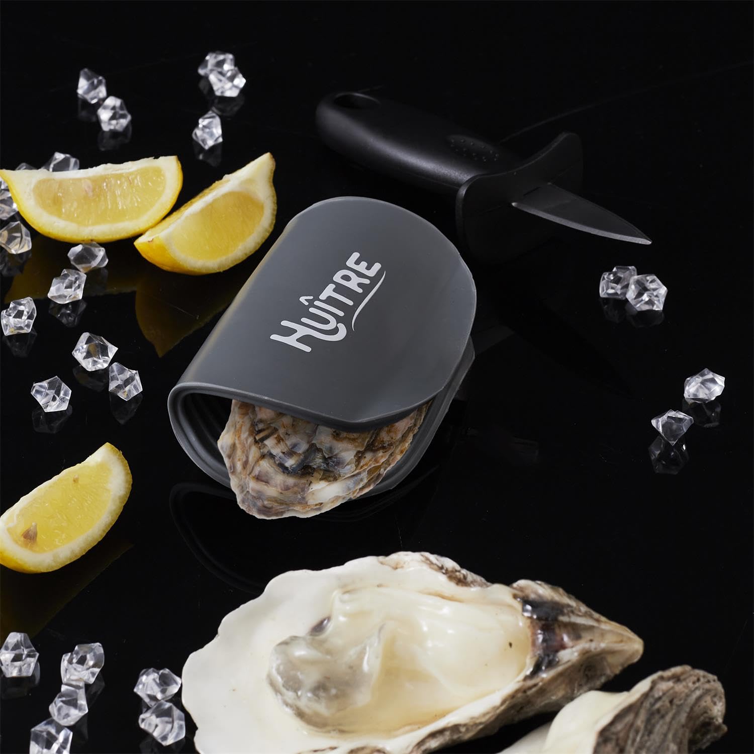 Huitre - Set di coltelli ostriche con tappetino in silicone professionale in acciaio inox con manico protettivo, colore: Grigio