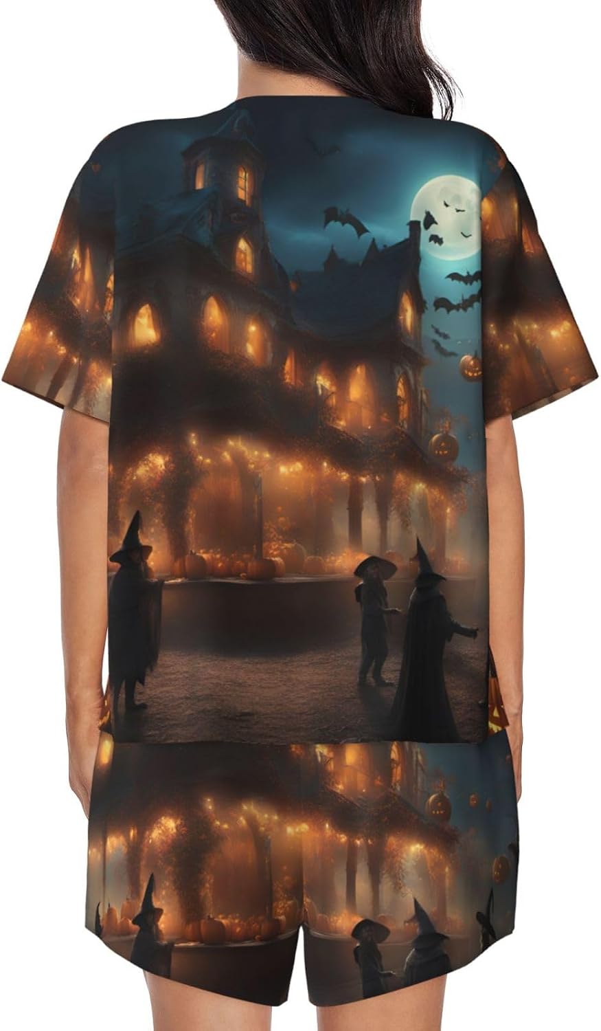 Halloween Carnival Party Print Short Sleeve Pajama Set,Soft Comfy Pjs For Women,Perfect For Sleep And Loungewear