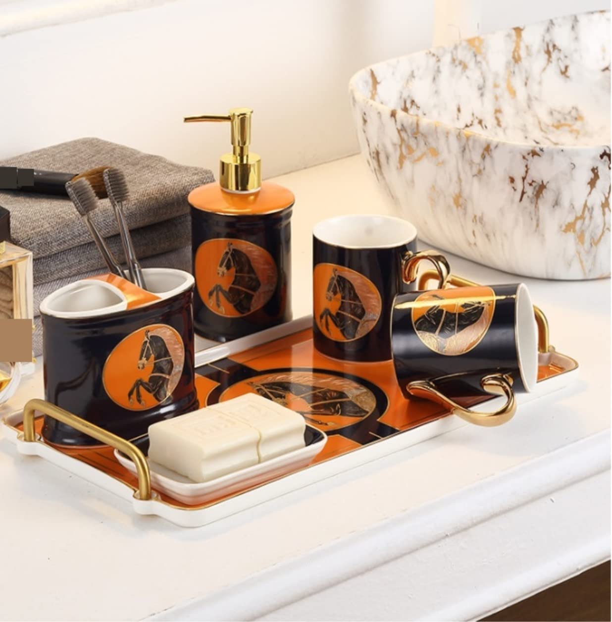 Set de Baño Juego de Accesorios de Baño Juego De Accesorios De Baño De Lujo Ligero, Decoración De Forma Única De Cerámica, Patrón De Caballo Para Regalo De Inauguración De La Casa Juego de Baño Acceso