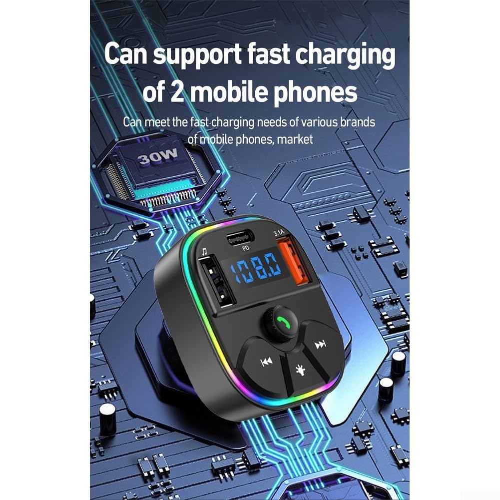 Trasmettitore FM per auto wireless con due porte USB di ricarica USB A e USB C, riproduzione MP3/WMA da unità USB, supporto per chiamate in vivavoce, portata wireless 5 3, frequenza FM 87 5