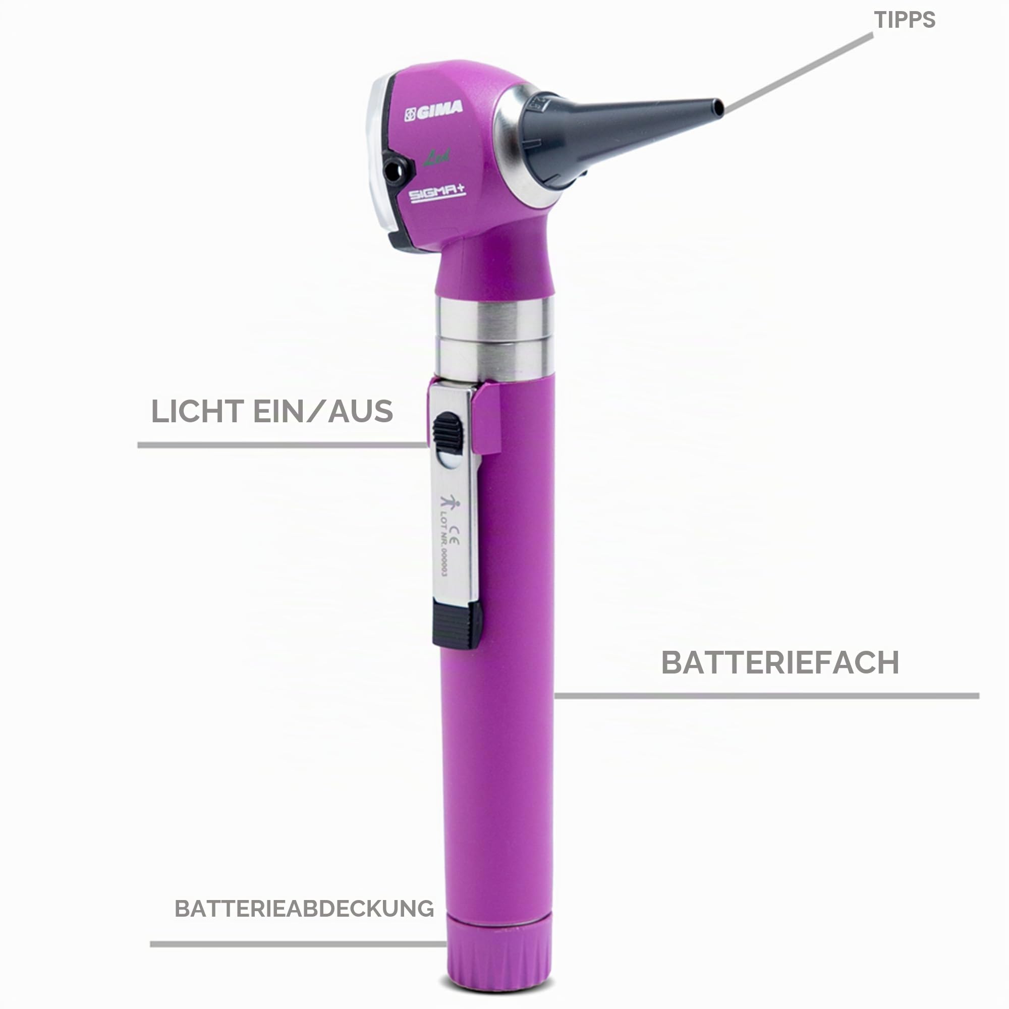 GIMA - SIGMA C Otoskop mit LED Licht, In tragbarem Beutel zur Benutzung, Otoskop mit Vergrößerung, für HNO, Ophthalmologie, Kinder, Erwachsene, Haustiere (Violett) + 14 Spekula, Violett
