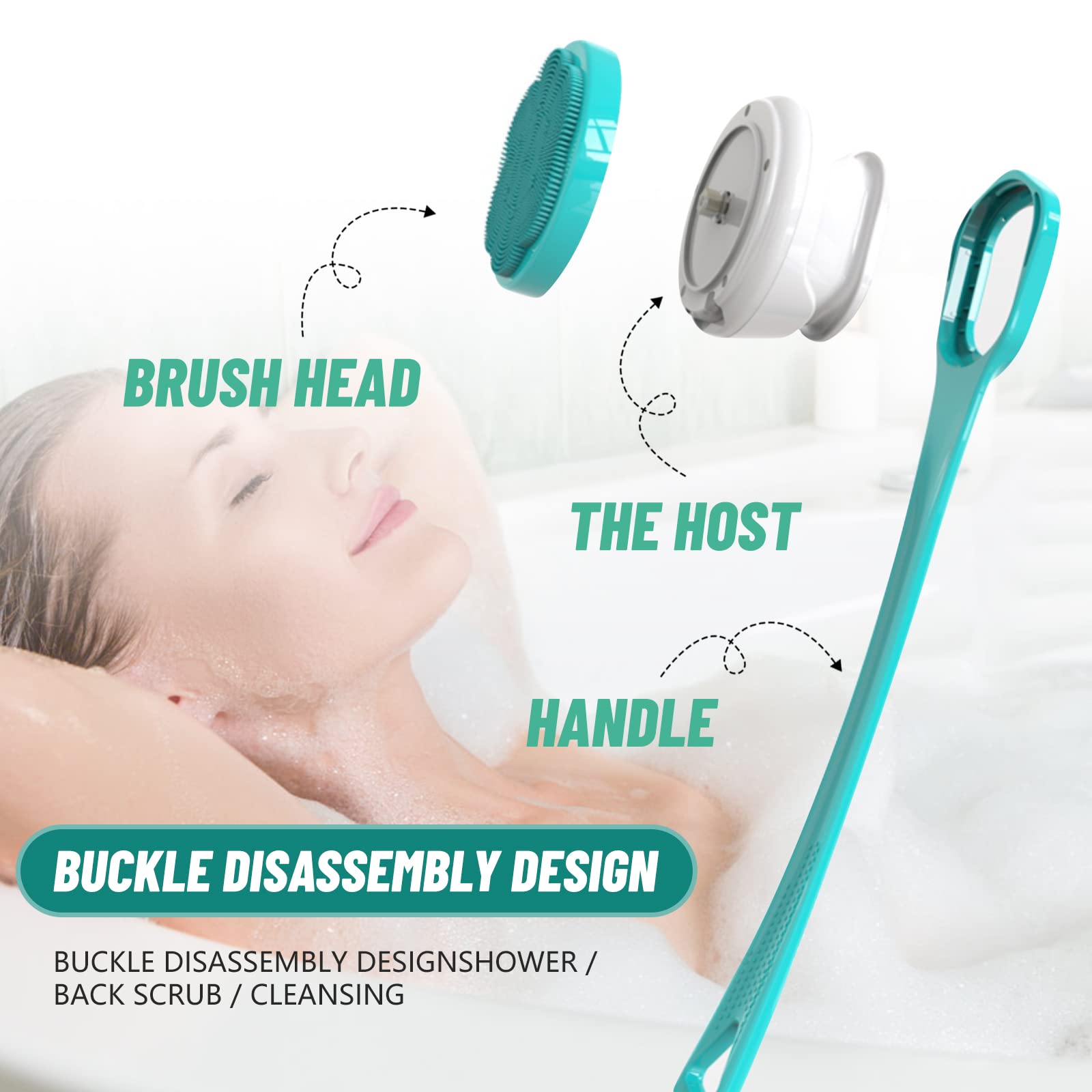 Elektrische Duschbürste,Körperbürste Elektrische Rückenbürste mit Langer Griff,Rückenbürste Dusche Massagebürste mit 6 Reinigungsköpfen,Badebürste für Spa Dusche Peeling Massagebürste (Blau)