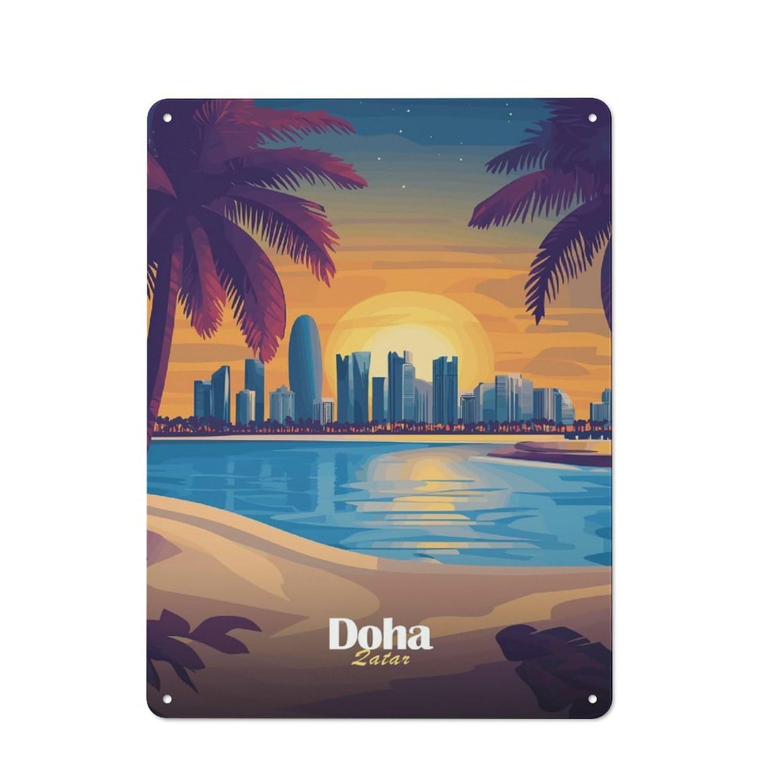 Country Country Metal Sign 40x30cm Featuring Doha Skyline Sunset, Rustic Kitchen Decor for Cottage, Kitchen, Hallway Or Breakfast Nook