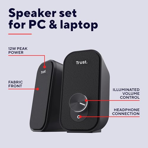 Trust Orada 2.0 PC Speakers for Desktop, 12W (6W RMS), Compact USB Speaker Set, Jack AUX 3.5mm, Headphone Connection, Fabric Front, Stereo Computer Speakers for PC Laptop Mac, Black - Image 3