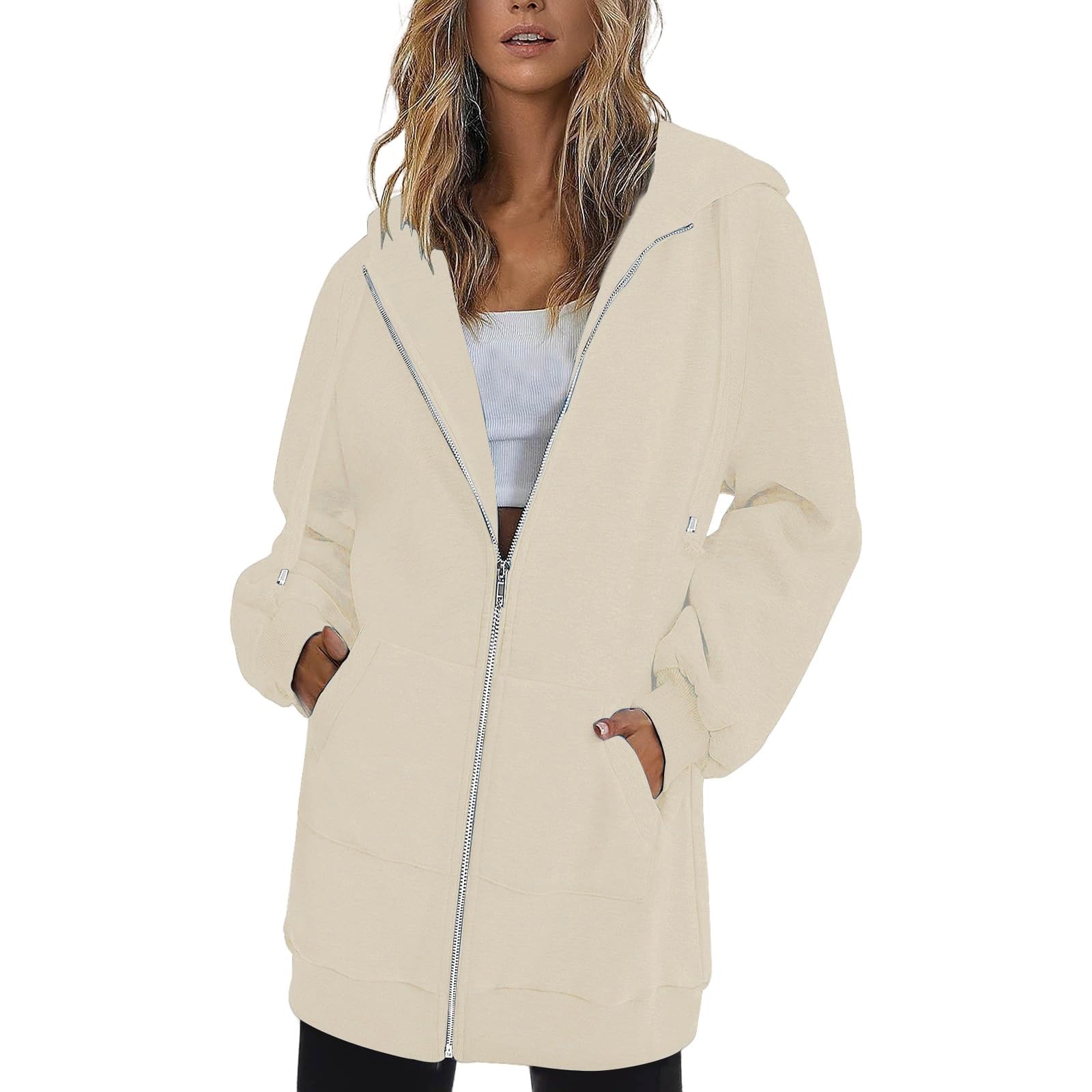 GenericWomen's 2023 Hot Zip Up Hoodies Lightweight Casual Long Sleeve Fall Jacket Hooded Coat Double Pocket Sweatshirts Drawstring Clothing Zipper Track Jacket Solid Color Loose Top Sale Clearance