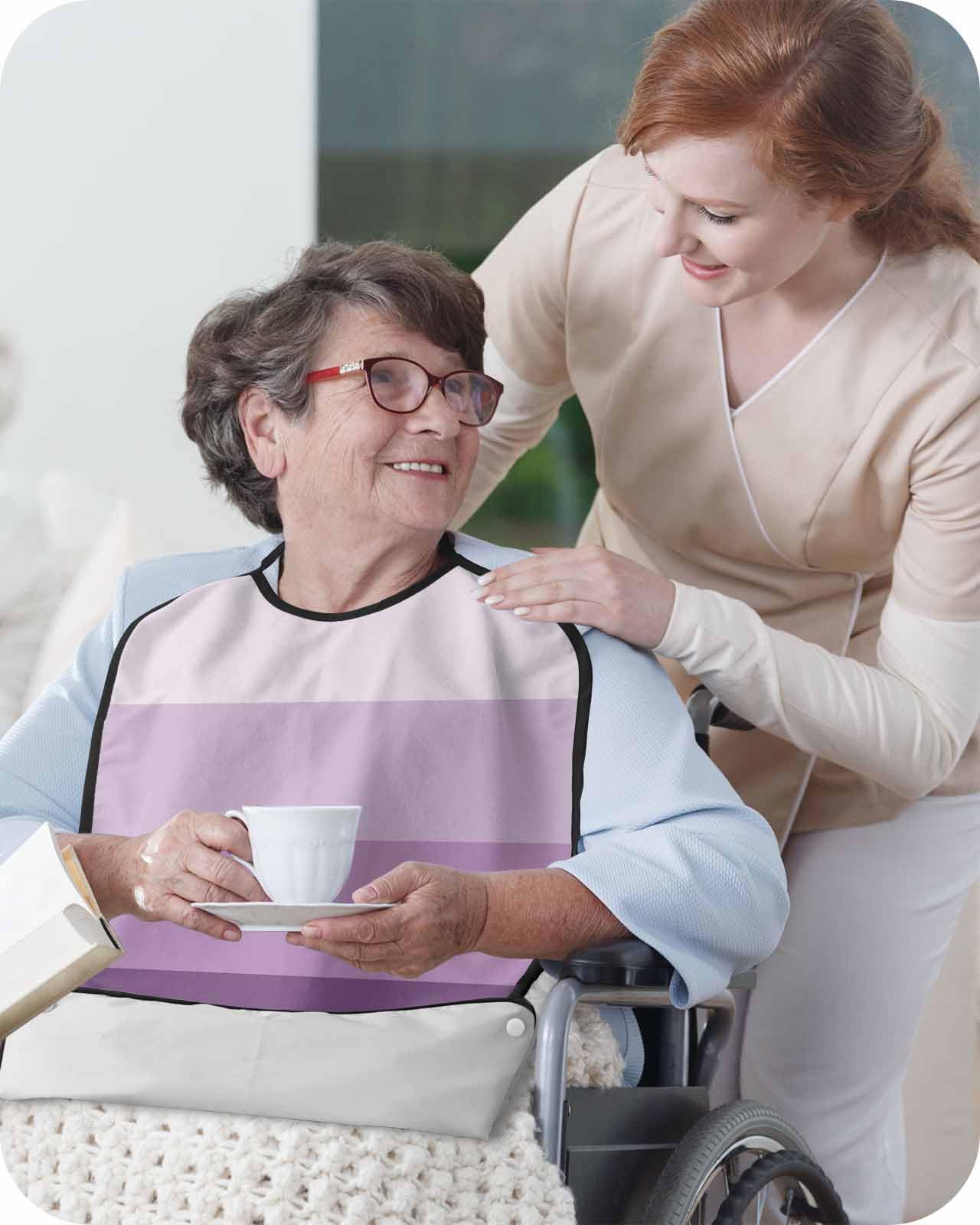 Purple Grey Adult Bib for Eating with Crumb Catcher,Washable & Waterproof Terry Cloth Adjustable Elderly Women Men Adult Bibs Apron Clothing Protector Striped Geometric Minimalist Gradient Art