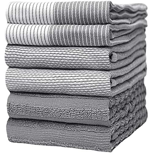 Premium Kitchen Towels (20”x 28”, 6 Pack) | Large Cotton Kitchen Hand Towel | Flat & Terry Dish Cloths | Highly Absorbent Tea Towels Set with Hanging Loop | Gray