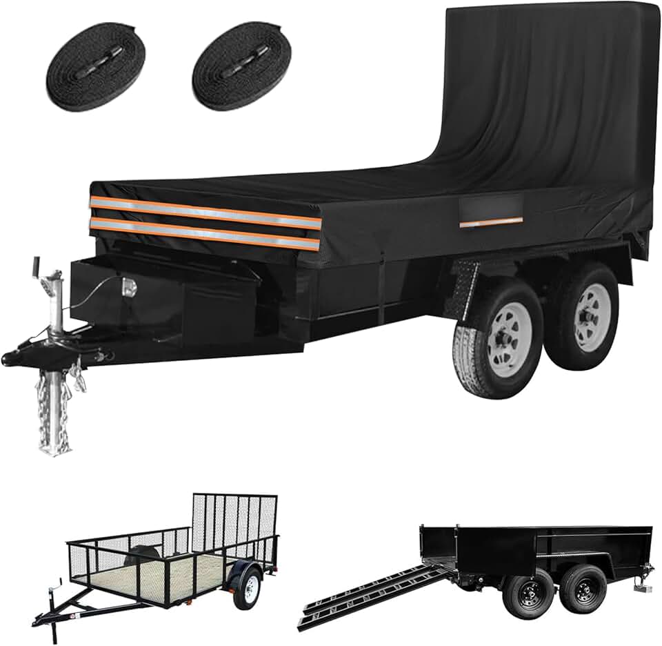 Utility Trailer Cover, 5x10 Trailer Cover with Rear Landscape/Ramp Gate 48” to 60” high, 600D PVCWaterproof Windproof Heavy Duty Grey Dump Trailer Cover, Fits 5 x 10 FT (W x L)