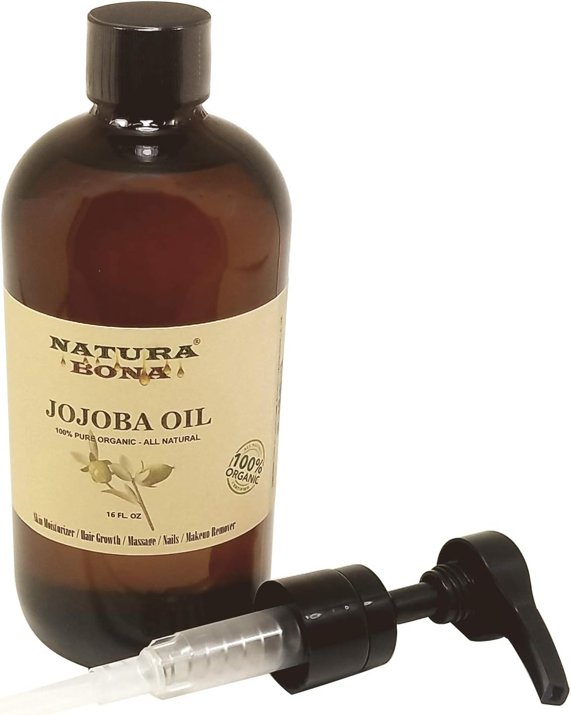 Narura Bona's Pure Moisturizing Jojoba Oil for Skin, Hair, Massage and Nails (Big 16 Oz Amber Glass Pump Bottle) - Rejuvenating Anti-Aging Organic Oil