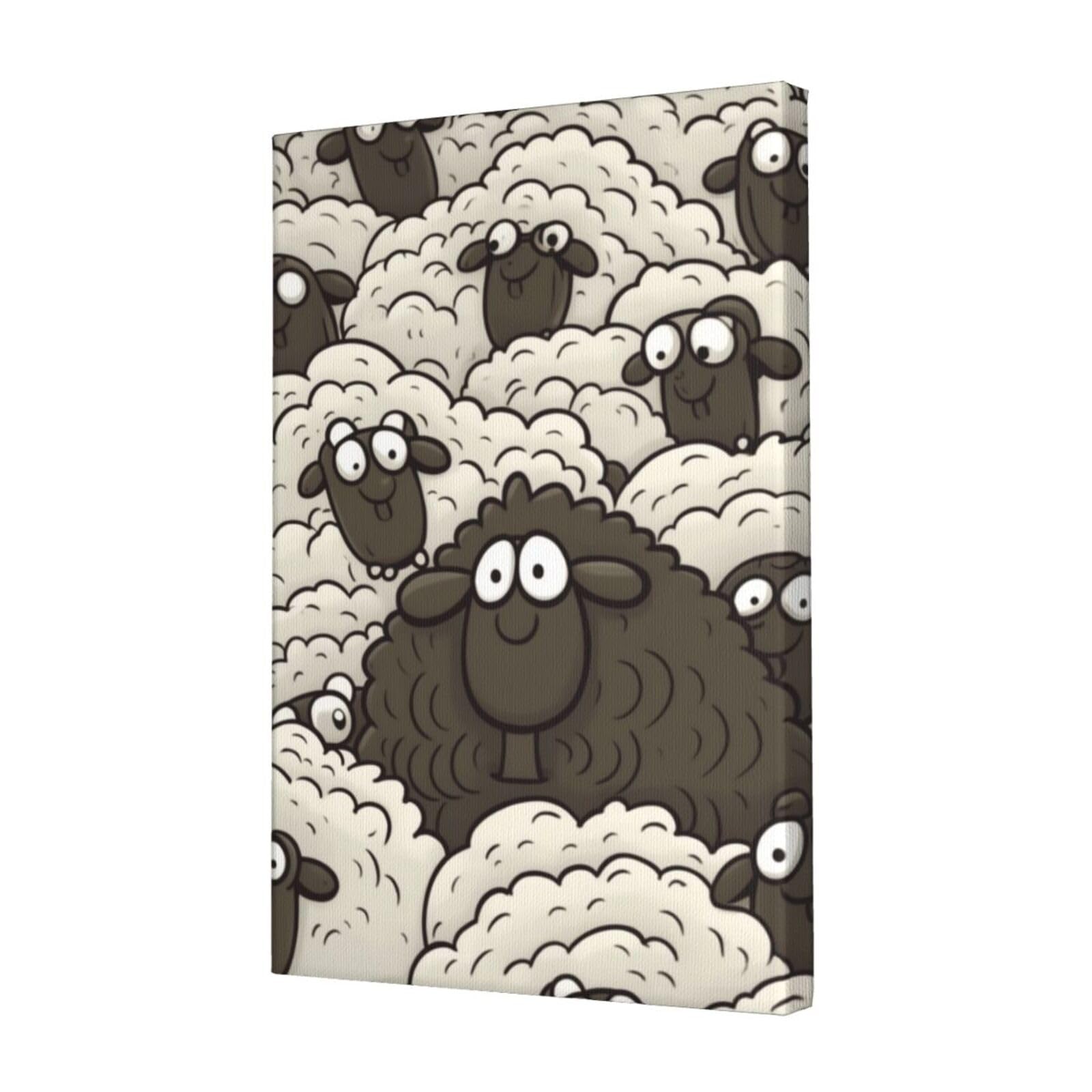 KLOPH Cartoon Black White Sheep Canvas Wall Art for Living Room 12"x18" Modern Artwork Painting for Bathroom Hanging Canvas Prints Aesthetic Wallart for Bedroom Kitchen Office Wall Decor
