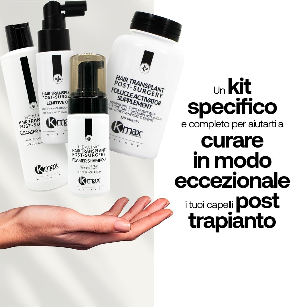 Kmax Healing Hair Transplant Post Surgery Kit - Shampoo Post Trapianto Capelli, Schiuma Dopo Trapianto capello, Olio Idratante Integratore