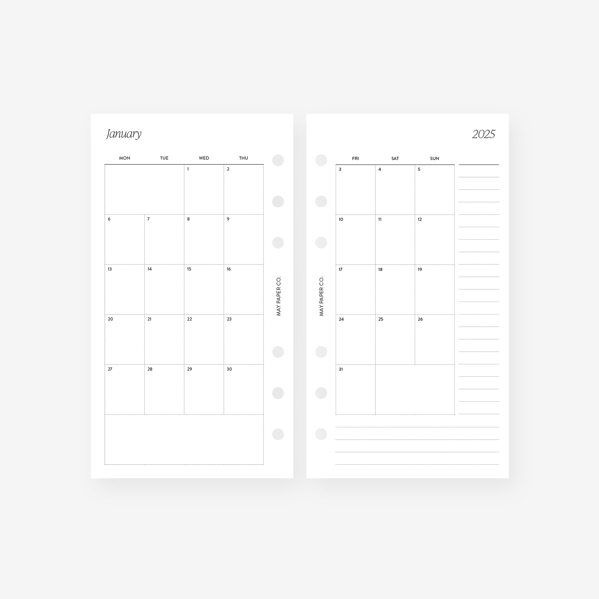2025 Personal Monthly Planner Refill, Month on Two Pages for Filofax Personal, LV MM 6 ringed agendas (Monthly with Notes (Monday Start) (Non-separable Months))