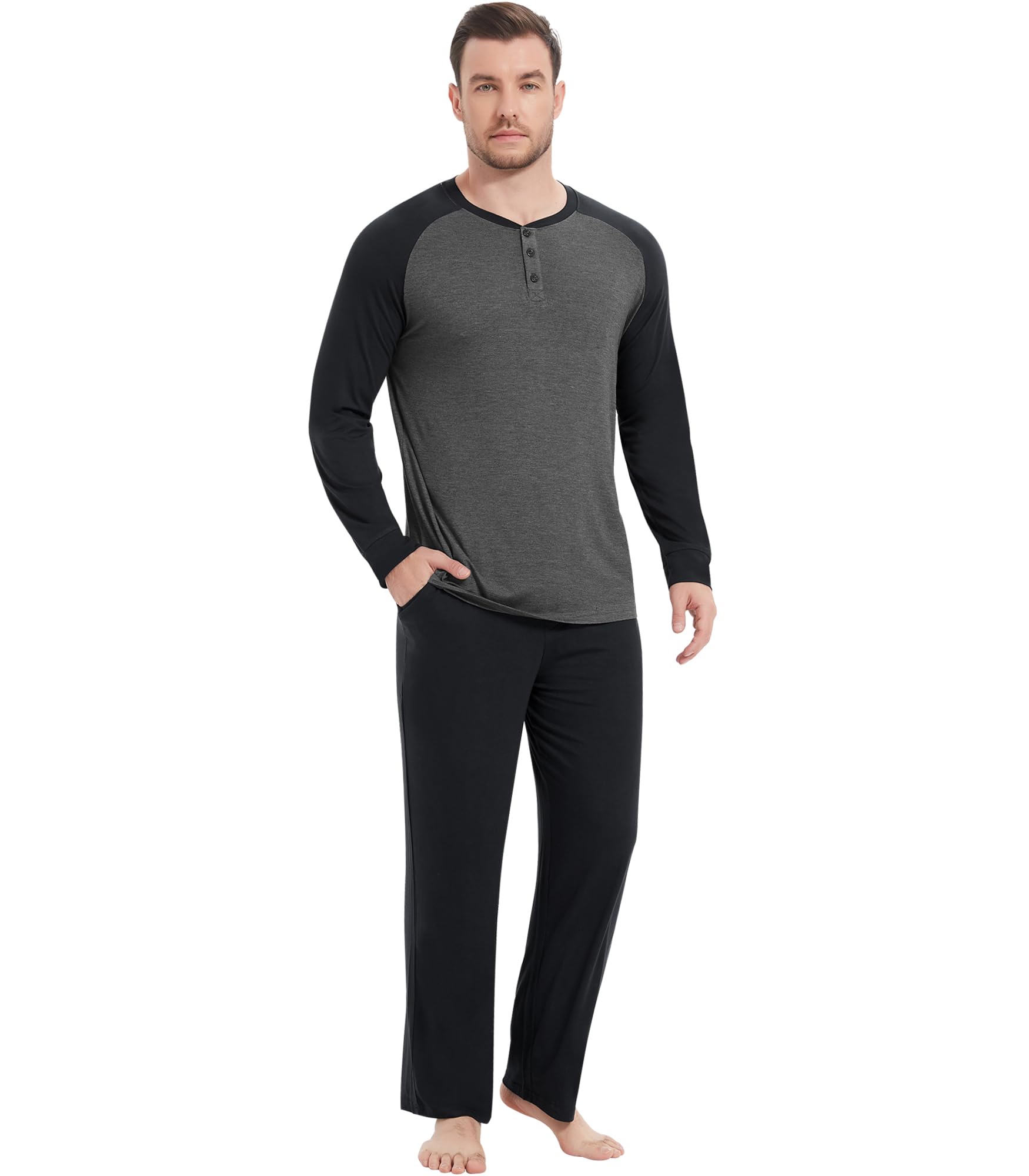 NACHILA Mens Pajamas Set Viscose Made from Bamboo Henley Top Sleep Pants