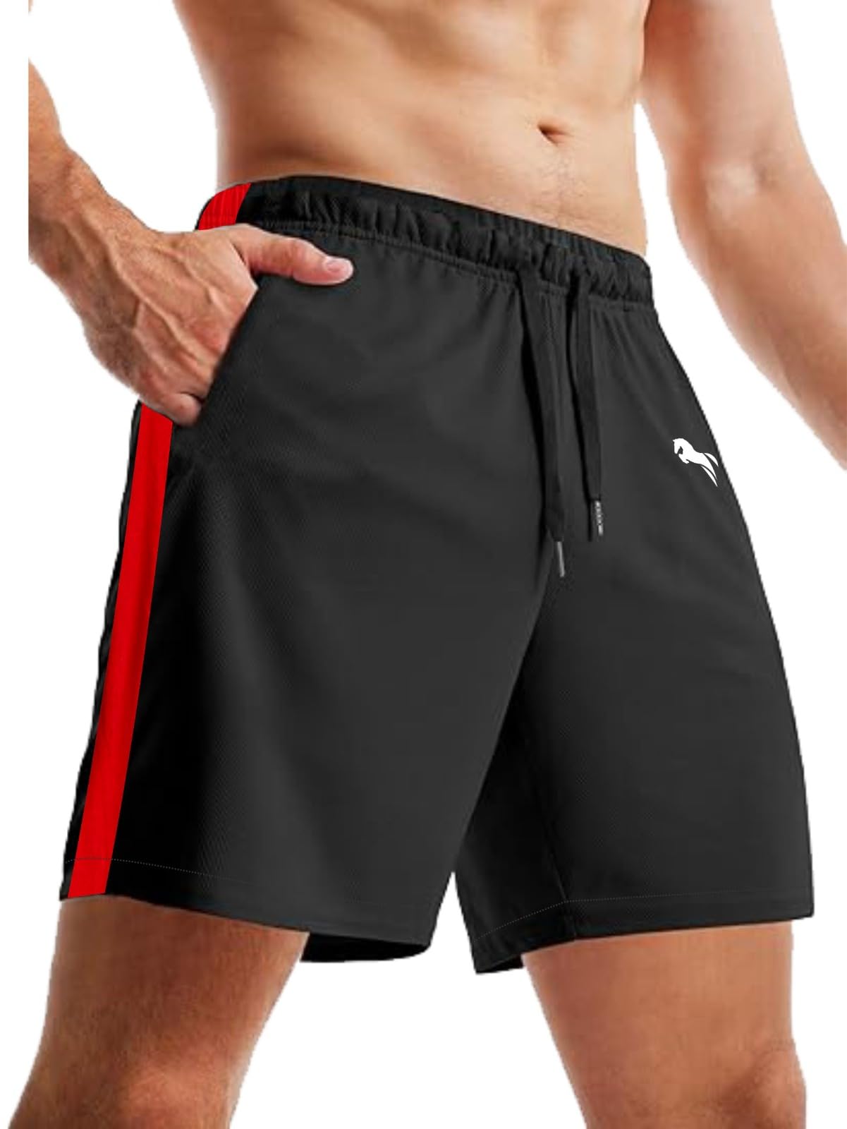 just rider Men's Athletic Shorts with Side Stripe, Quick Dry, Black and Red, with Pockets-picture-13
