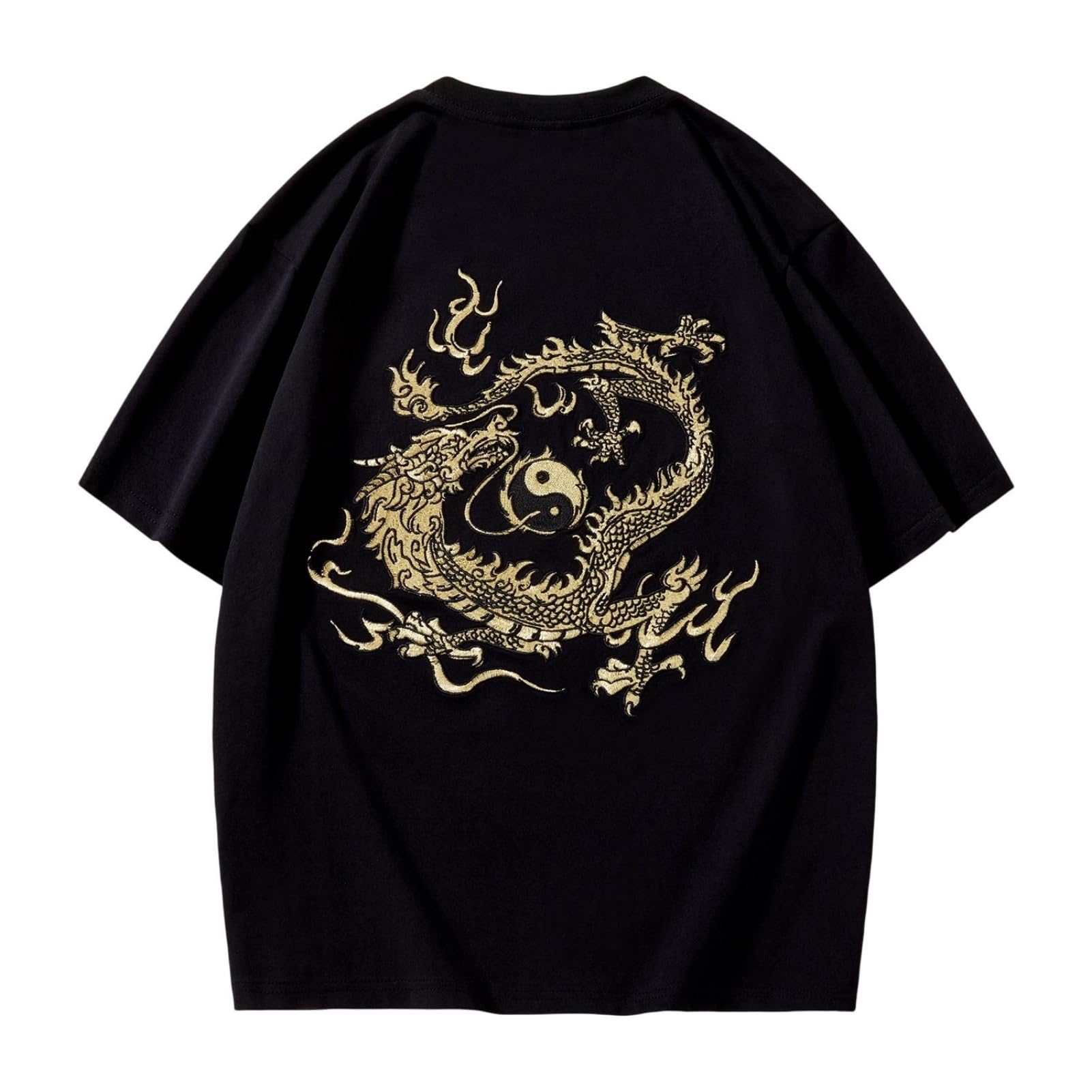 Męski bawełniany t-shirt z okrągłym dekoltem, haft smoka, luźny krój, chiński styl, top rekreacyjny