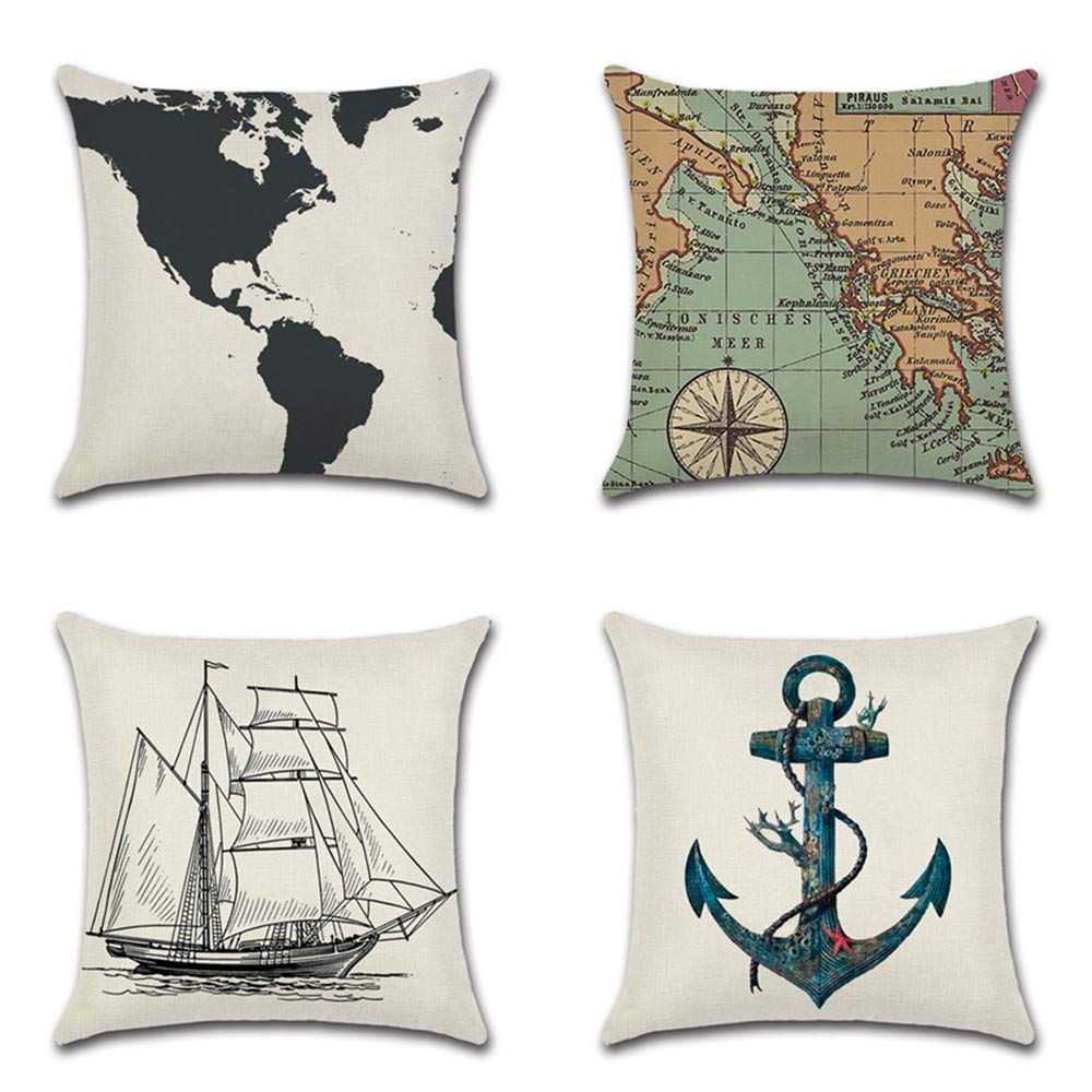 LeisureHome Sailing Decorative Throw Pillow Cover Anchor Carrack and Map Pattern Navigation Style Sofa Pillowcases Cushion Cover for Bedroom and Living Room