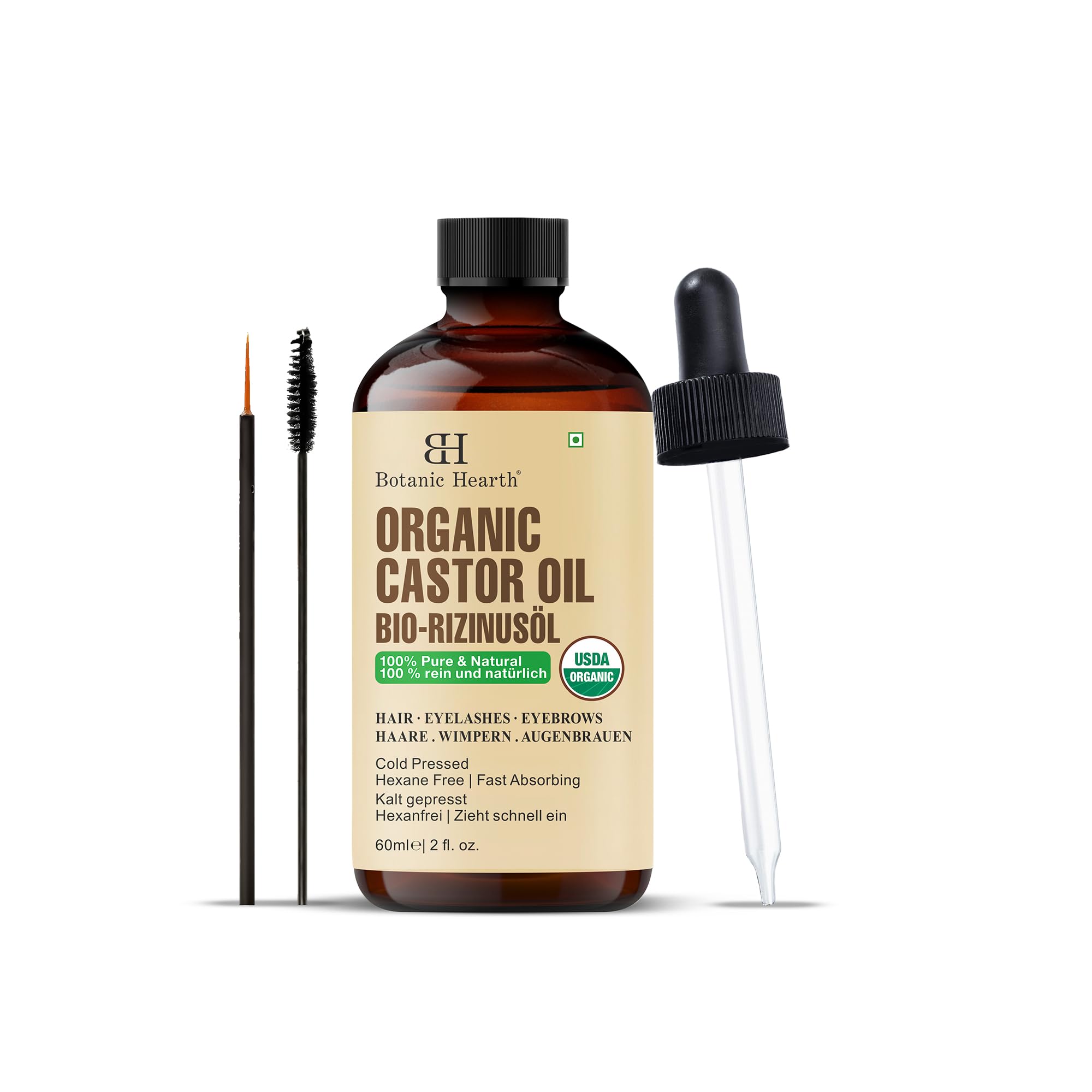 Botanic Hearth Rizinusöl 60 ml (Castor Oil) | USDA-zertifiziertes Bio | 100% rein und hexanfrei | Kaltgepresst | Wachstum für Wimpern, Augenbrauen, Haare | Mit Augenbrauen- und Wimpernbürste