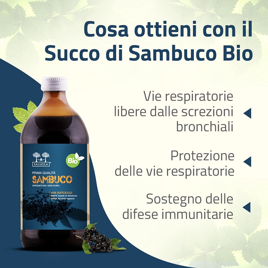 SUCCO DI SAMBUCO BIO Salugea - 100% Puro e Biologico - Integratore Fluidificante per le Vie Respiratorie, Antiossidante, Diuretico e Depurante - Flacone in Vetro Scuro - 500 ml