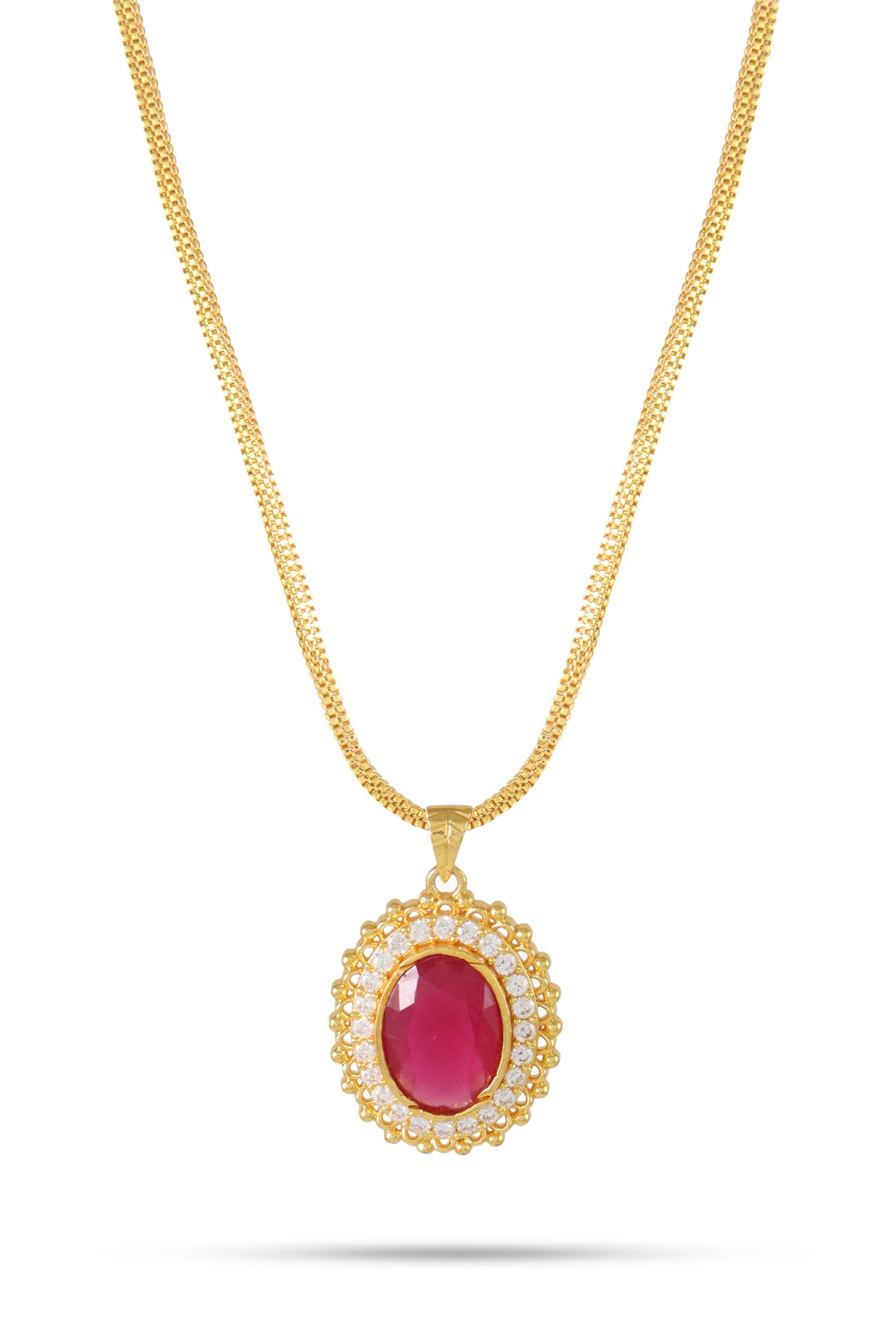 One Gram Micro Gold Plated Fashion Jewellery Traditional Ruby Emerald Handcrafted Dollar Pendant Chain for Women & Girls (24 inch)(DC-1099)