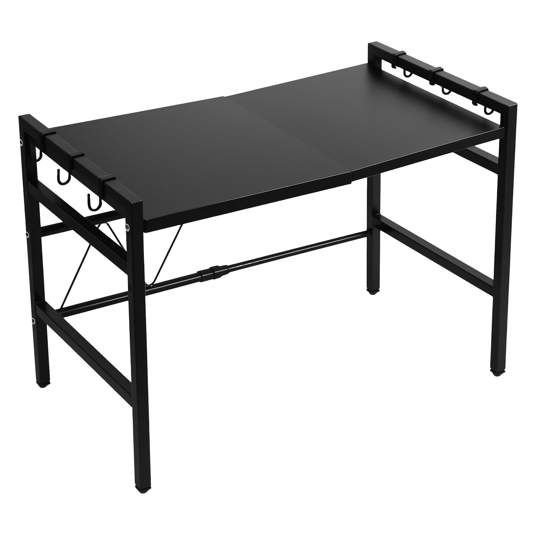 Hndhbfgrt Microwave Oven Shelf, 3-Tier Extendable Worktop Shelves with 6 Hooks, Kitchen Storage Rack for Spices Black