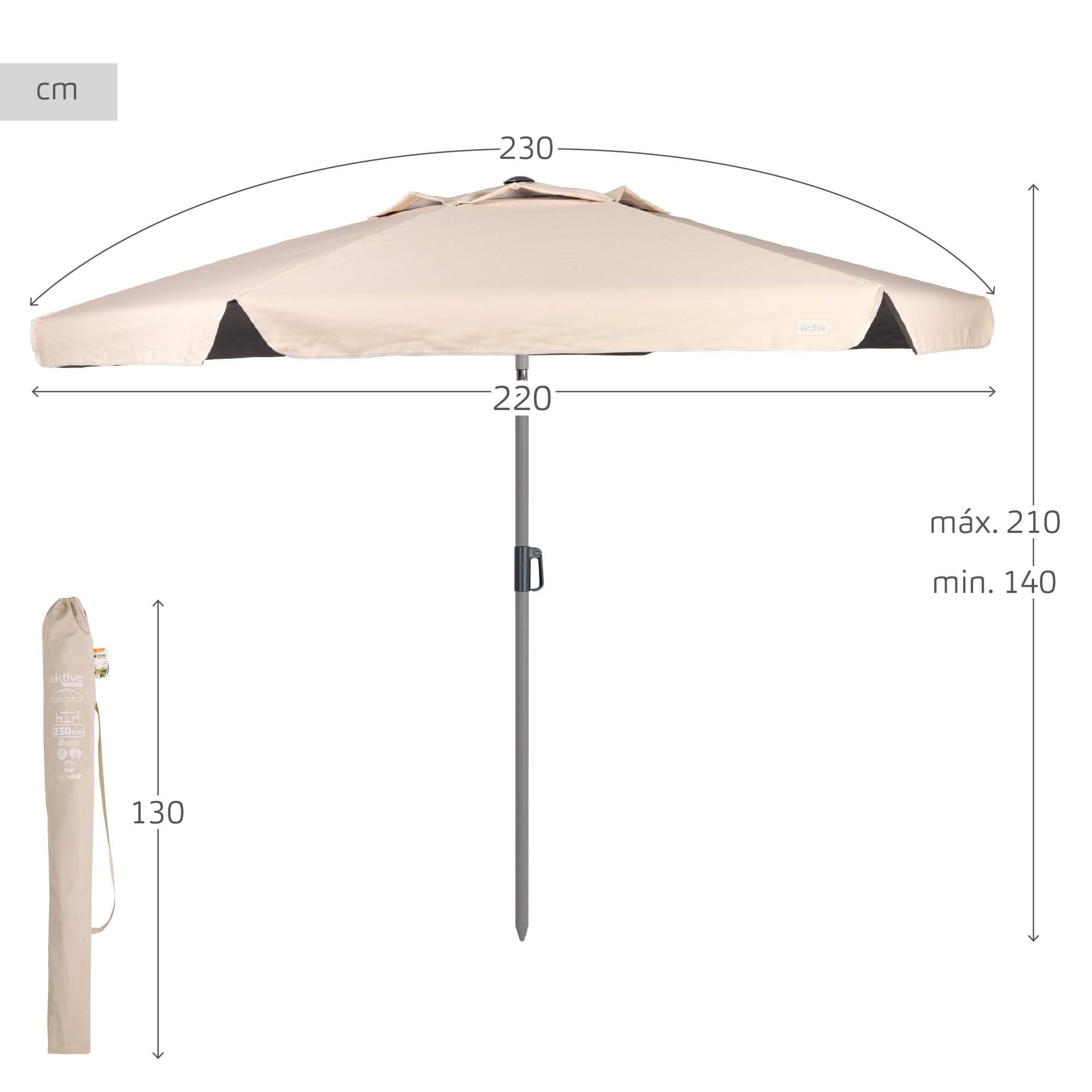 Aktive Duży sześciokątny parasol ogrodowy, 220 cm, ochrona przed promieniowaniem UV50, stalowy maszt, rura Ø 28/32 mm, kominek, nachylona i regulowana wysokość, tkanina poliestrowa
