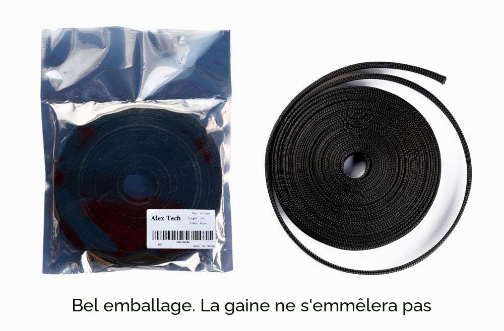 Alex Tech 30mm-7.5m Gaine Câble Tressée Extensible Manchon de Câble Cache Fil Rangement Câble Protege Câble pour Câbles Automobiles Fils - Noir